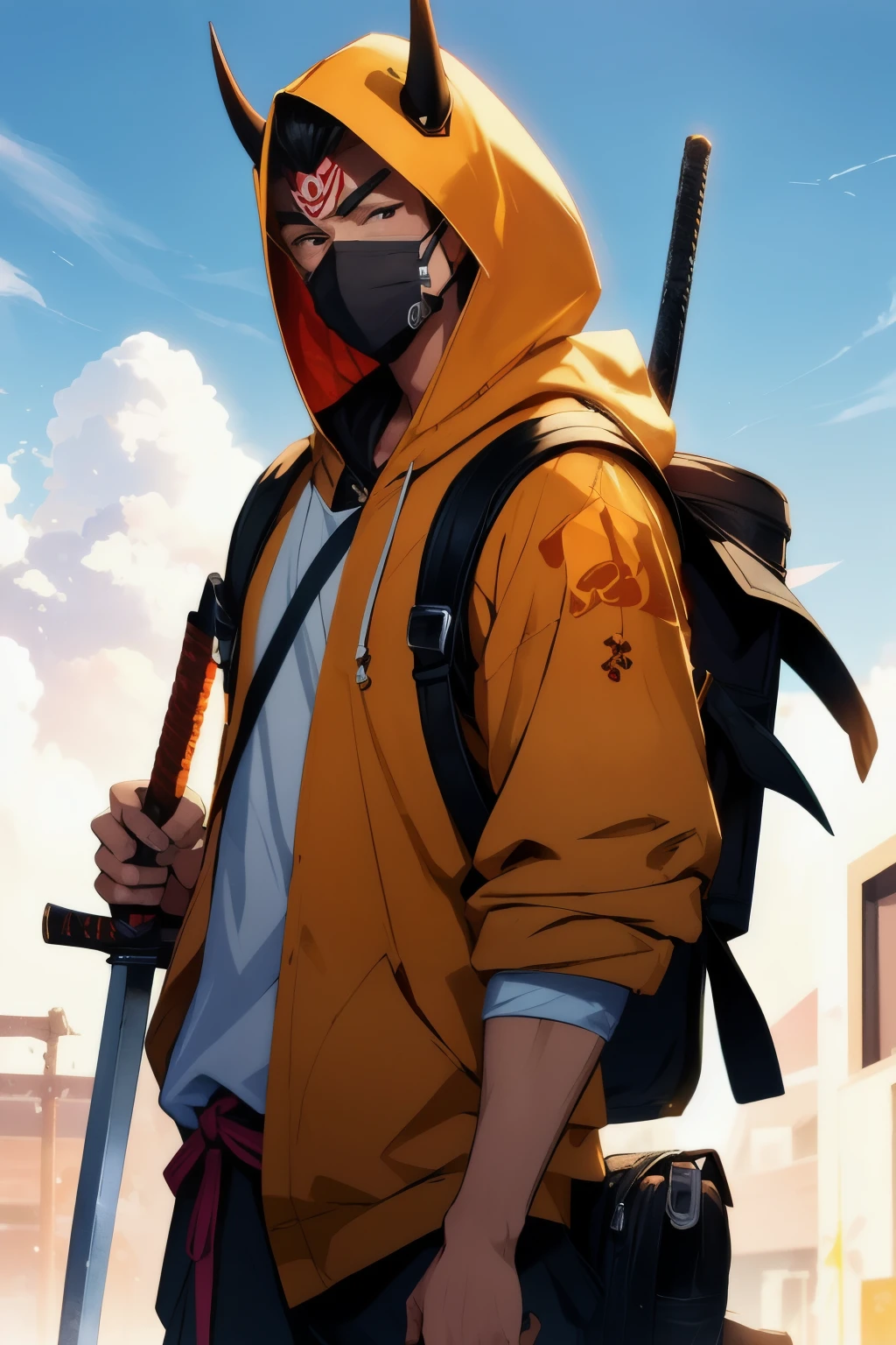 ((best quality)), ((masterpiece)), (detailed), perfect face samurai male, boy samurai, wearing mask, wearing hannya traditional mask, wearing a hoodie and a oni mask and a sword backpack half body, clean background, modern age street urban samurai,