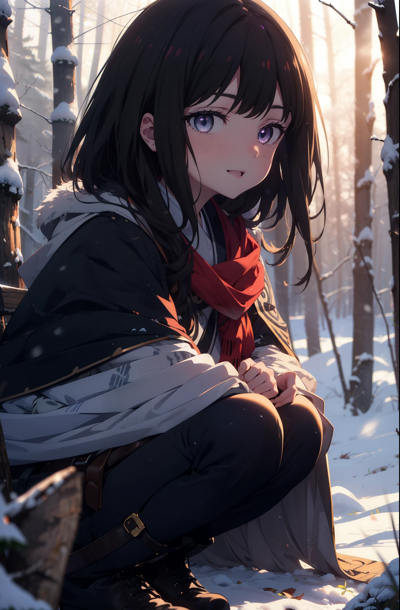 Takiuchi, Inoue Check, Long Hair, bangs, Black Hair, (Purple eyes:1.2),smile,
Open your mouth,snow,Bonfire, Outdoor, boots, snowing, From the side, wood, suitcase, Cape, Blurred, forest,  nature, Squat,  Cape, winter, Written boundary depth, Black shoes, blue Cape break looking at viewer, Upper Body, whole body, break Outdoor, forest, nature, break (masterpiece:1.2), highest quality, High resolution, unity 8k wallpaper, (shape:0.8), (Beautiful and beautiful eyes:1.6), Highly detailed face, Perfect lighting, Extremely detailed CG, (Perfect hands, Perfect Anatomy),
