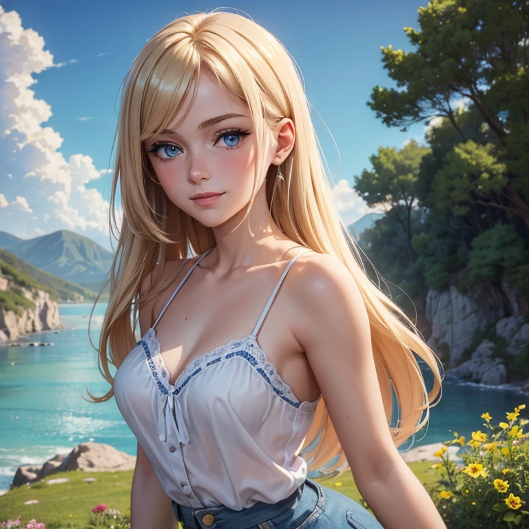 (masterpiece, best quality:1.4), (8K), Young blonde beauty, (((18 years old, neat girl))), detailed blue eyes, long eyelashes, blush, kind smile, upper body, small breats, denim short shorts, (from side), (looking at viewer) (close up), beautiful blonde hair, white-skinned, long hair, parted bangs, (medium size breasts), (valley, beautiful and magnificent skyline, majestic sky), colorful natural light)