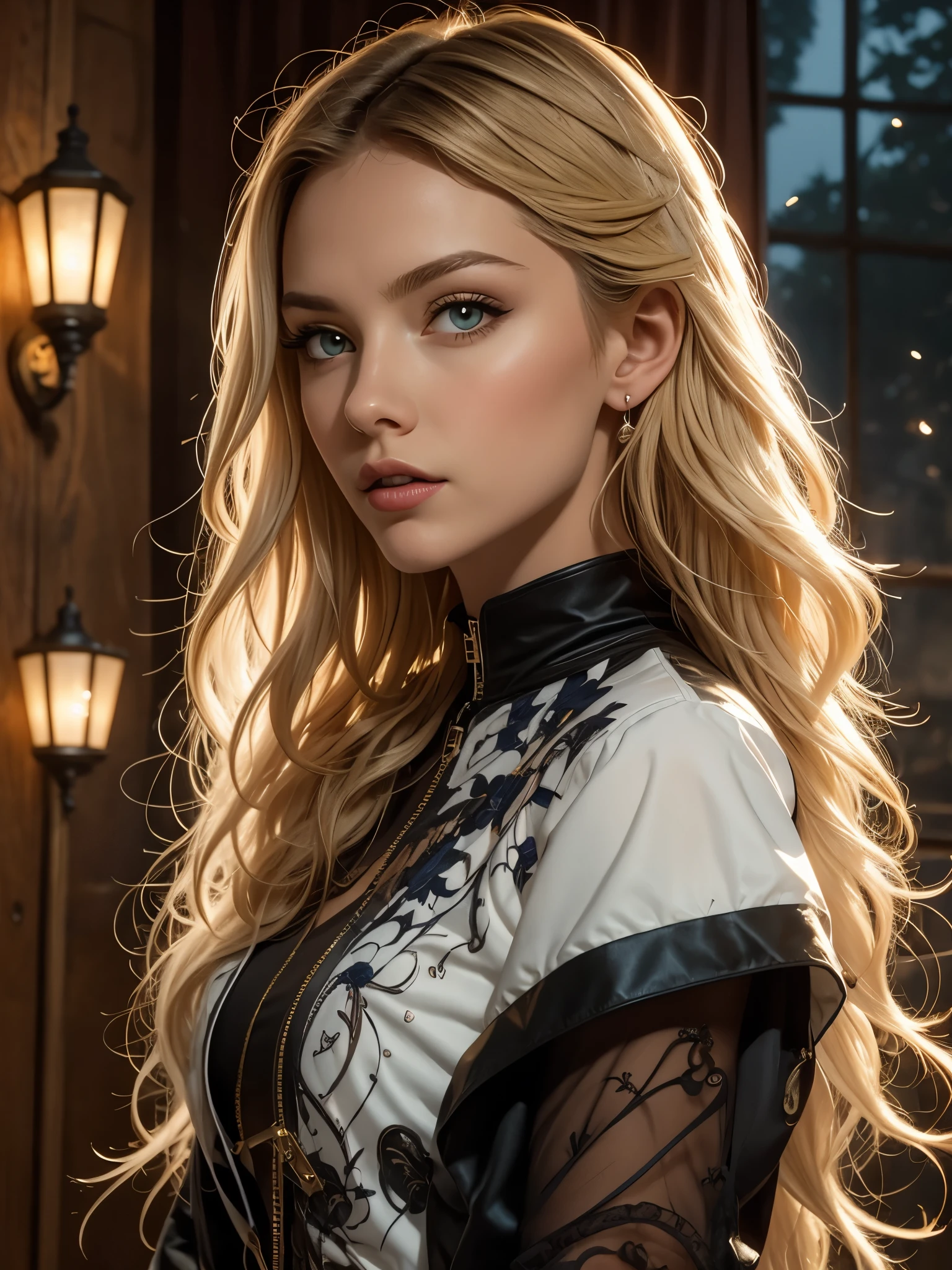 (Highly detailed CG Unity 8K wallpaper,pieces fly, highest quality, Super detailed),(best illumination, best shadow, very delicate and beautiful),fluffy,high color saturation,blonde hair+eyes are blue:1.2,Dark Gothic landscape, long hair, Gaze into the distance. (Beautiful girl with long blonde hair and shining gothic lighting with blue eyes)、cheek gloss highlight
