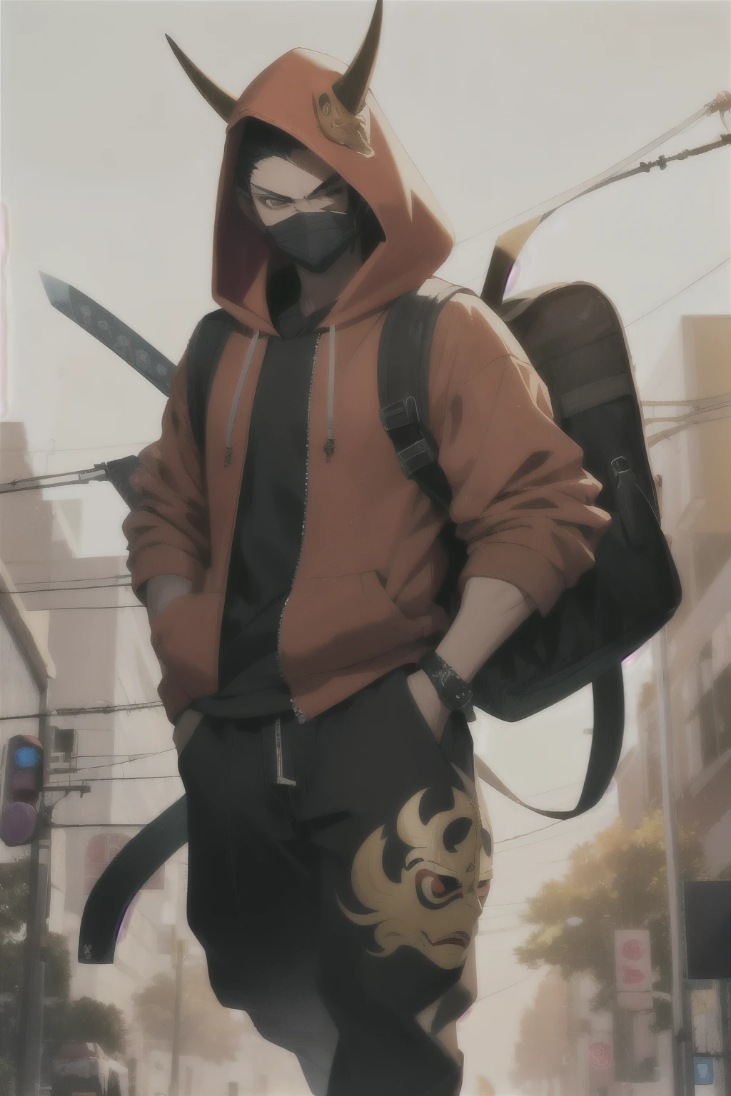 ((best quality)), ((masterpiece)), (detailed), perfect face samurai male, boy samurai, wearing mask, wearing hannya traditional mask, wearing a hoodie and a oni mask and a sword backpack half body, clean background, modern age street urban samurai,