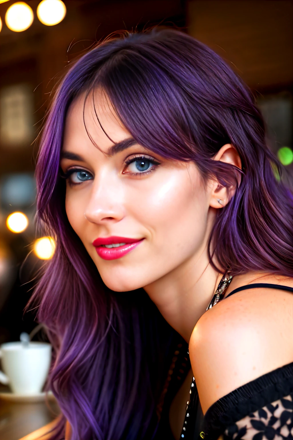 A portrait photo of a beautiful influencer woman, with captivating purple hair, mesmerizing blue eyes, bold red lips, and a charming, irresistible smile, in the cozy ambiance of a modern coffe shop, human details, 8k resolution, realistically rendered - every detail meticulously captured,intricate high details, sharp focus, detailed complexion, authentic skin texture, profoundly textured eyes,professionally executed, maximally detailed, ultrarealistic, photorealistic rendering, photography.
In this 8k ultra-high definition photograph, the enchanting influencer captures the eye and transports the viewer into the charming, intimate setting of