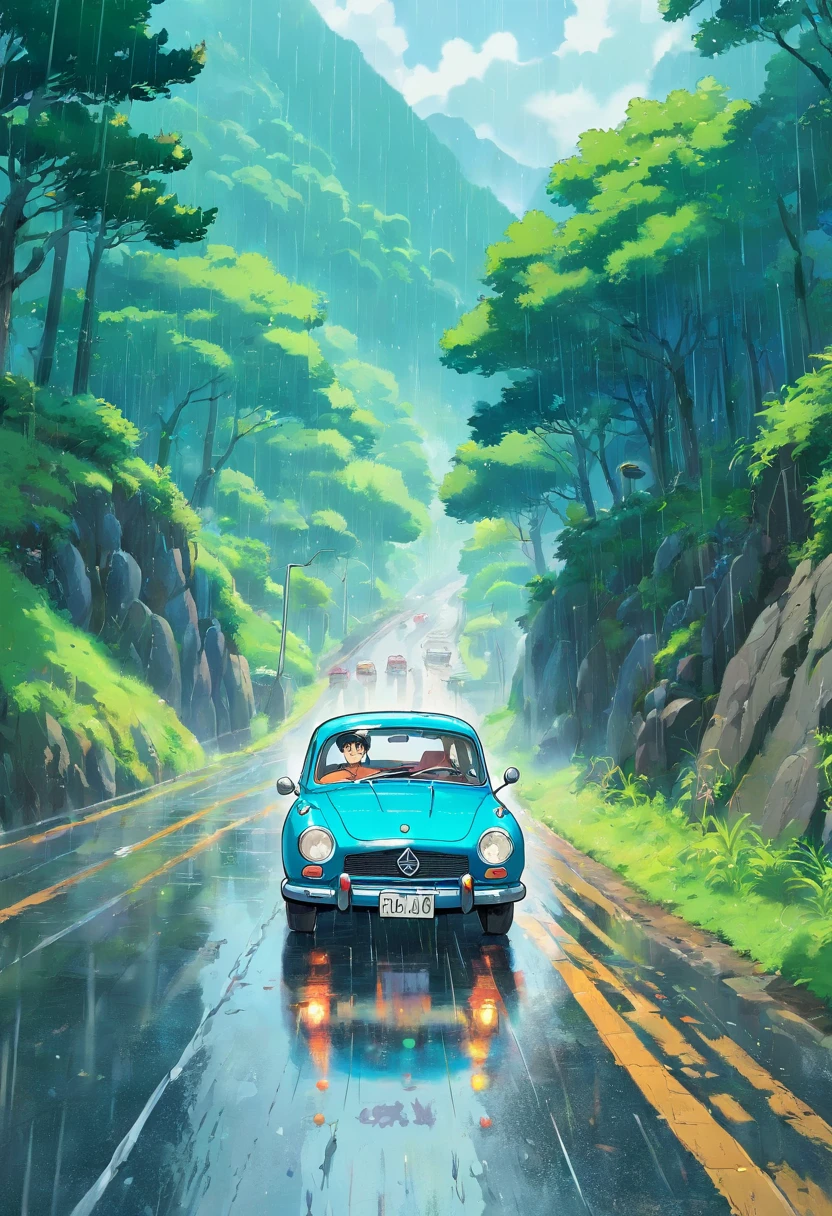 in the rain、Old car skidding on a mountain road