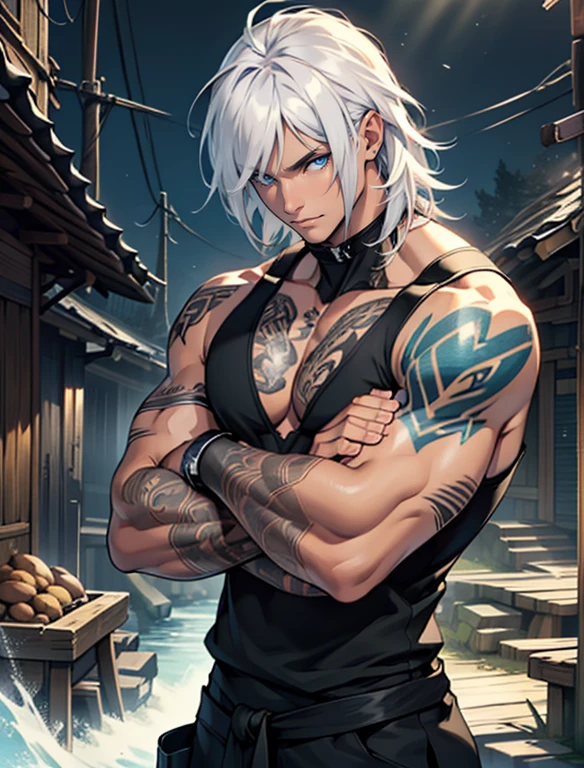 ultra detail, high resolution, ultra detailed, best quality, amazing, top quality, extremely detailed CG 8k wallpaper unit, cinematic lighting, handsome young man, detailed background of ninja village, black tank top, lean, intricate tattoos on both arms, slender, long white hair, bob hair style, blue eyes