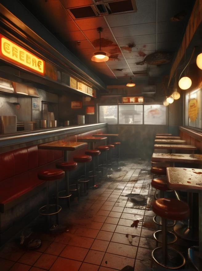 CG,3D, Space background map, close-up, small space, real sense of space, fast food restaurant,Dilapidated，Messy, dirty, cheap,Oil stains, garbage,