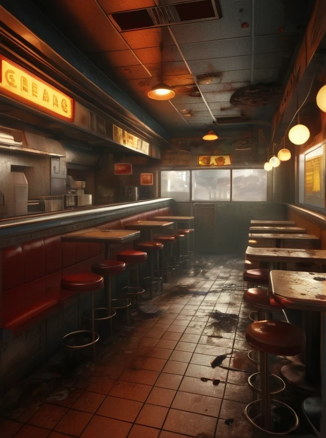 CG,3D, Space background map, close-up, small space, real sense of space, fast food restaurant,Dilapidated，Messy, dirty, cheap,Oil stains, garbage,