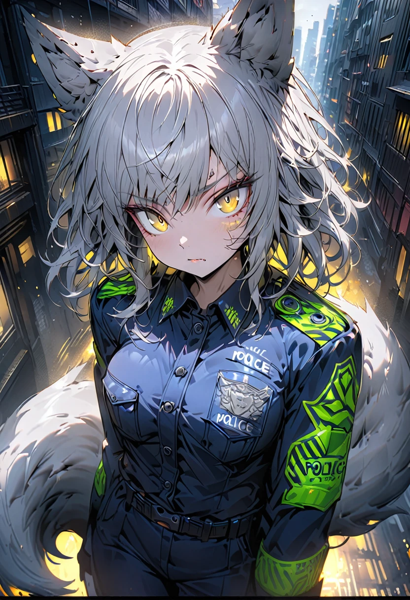 solo, female, monster girl, wolf_girl, wolf_ears, wolf_tail, short wild grey hair, yellow eyes, police, fit, abs, paws, human, city, scarred, mysterious atmosphere, (police_uniform:1.2), detailed, 4k