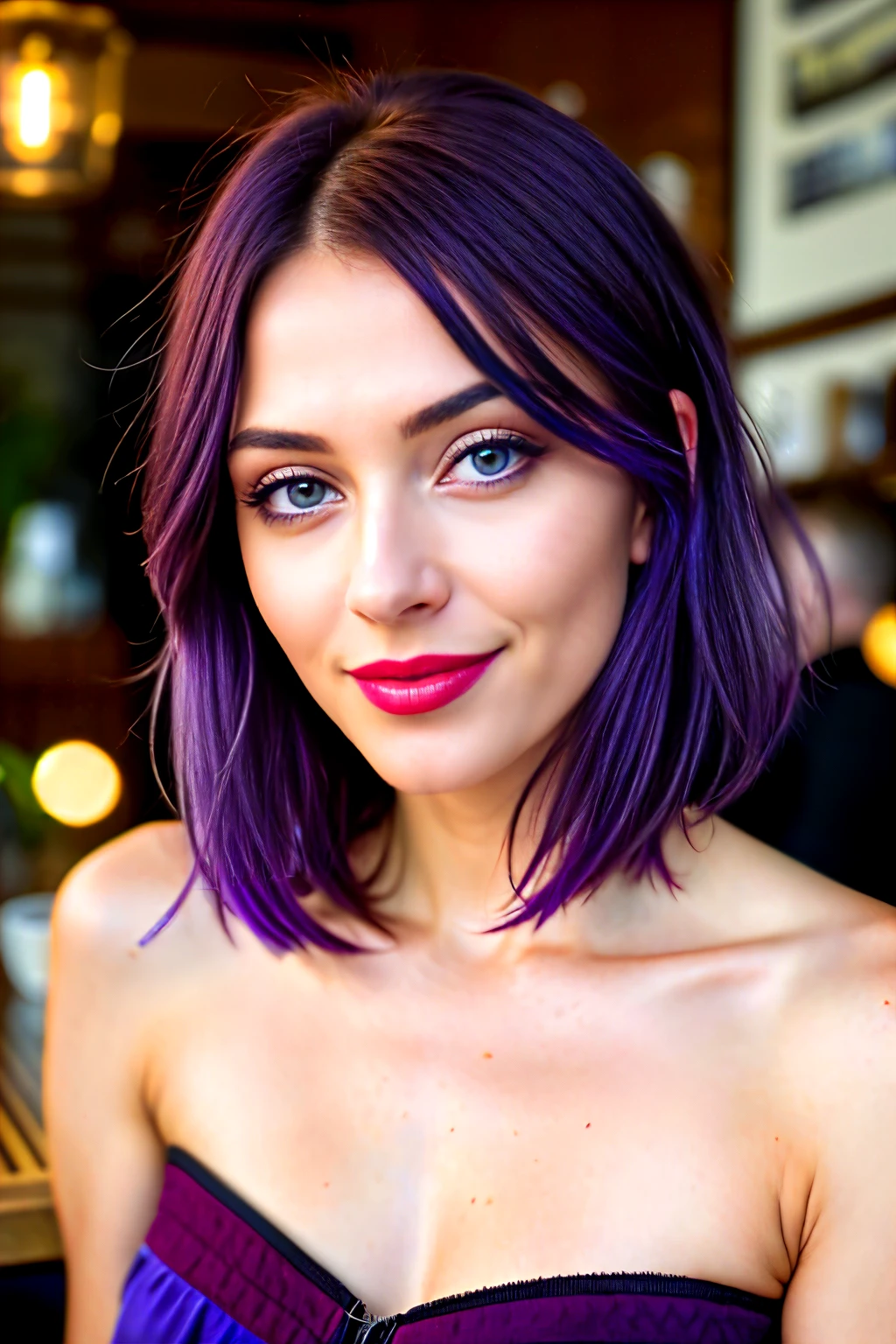 A portrait photo of a beautiful influencer woman, with captivating purple hair, mesmerizing blue eyes, bold red lips, and a charming, irresistible smile, in the cozy ambiance of a modern coffe shop, human details, 8k resolution, realistically rendered - every detail meticulously captured,intricate high details, sharp focus, detailed complexion, authentic skin texture, profoundly textured eyes,professionally executed, maximally detailed, ultrarealistic, photorealistic rendering, photography.
In this 8k ultra-high definition photograph, the enchanting influencer captures the eye and transports the viewer into the charming, intimate setting of