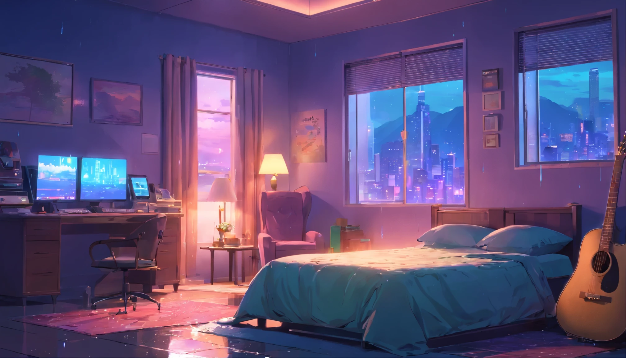 rain,3D animated cinematic stills of a cozy room, Large windows with a view of the city at night, Moon with coat of arms, melancholic, Sad mood, The bed is not made, Computer Desk, cluttered with mismatched furniture, Geeky posters on the walls and a guitar in the corner,Pixar Style, Disney, Vaporwave