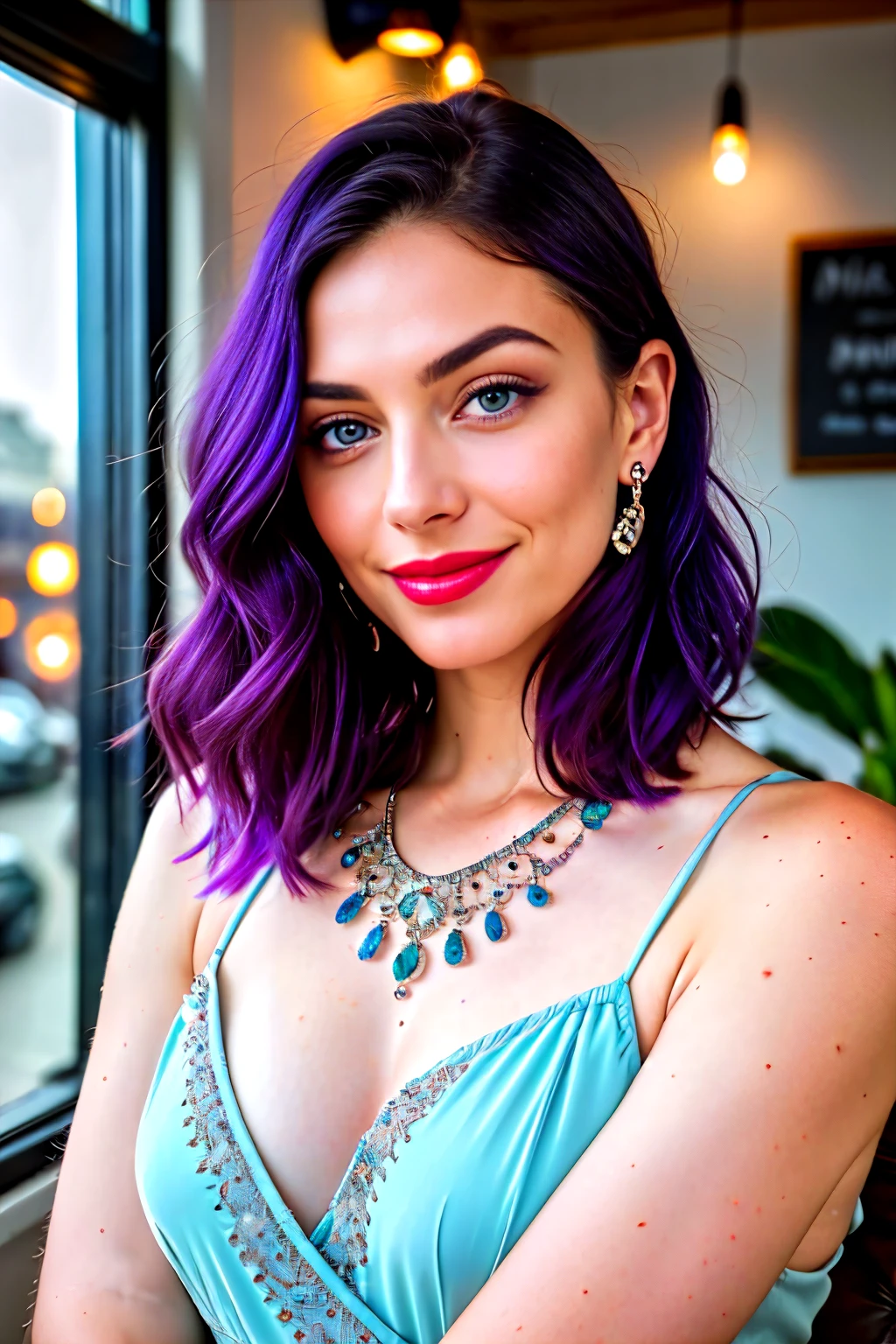 A portrait photo of a beautiful influencer woman, with captivating purple hair, mesmerizing blue eyes, bold red lips, and a charming, irresistible smile, in the cozy ambiance of a modern coffe shop, human details, 8k resolution, realistically rendered - every detail meticulously captured,intricate high details, sharp focus, detailed complexion, authentic skin texture, profoundly textured eyes,professionally executed, maximally detailed, ultrarealistic, photorealistic rendering, photography.
In this 8k ultra-high definition photograph, the enchanting influencer captures the eye and transports the viewer into the charming, intimate setting of