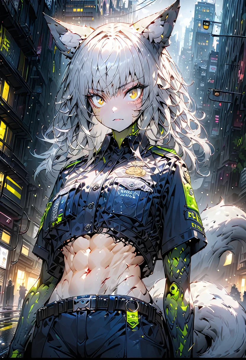 solo, female, monster girl, wolf_girl, wolf_ears, wolf_tail, short wild grey hair, yellow eyes, police, fit, abs, paws, human, city, scarred, mysterious atmosphere, (police_uniform:1.2), detailed, 4k, cowboy_shot
