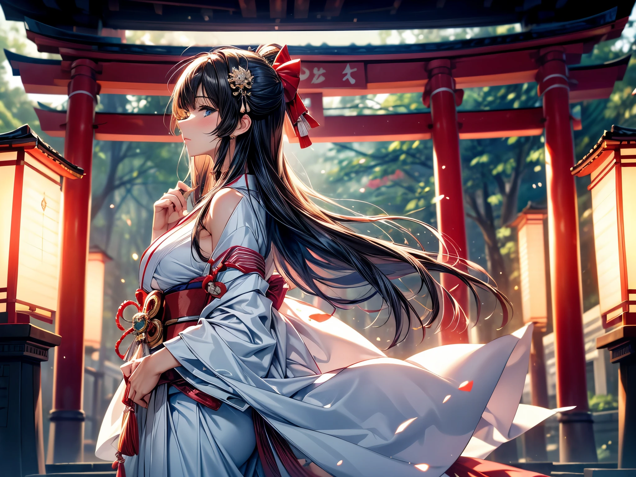 (Ultra-delicate), (Be focused), (high resolution), Deformed depth of field blurred background, (Detailed background), Perfect layer cut, (full-body shot/Cowboy shooting/side view), wallpaper, One, Lovely beauty, alone, (Hair gradient stripes light blue tail), (Light blue eyes), thin eyebrows, long upper eyelashes, Double eyelids, Upper Eye, delicate eyes, Sexy lips, lip details, Shimmer, complicated, familiar, (Shrine maiden), Talisman, Stardust, Mirror, (Sacred offering), comfortable peace, peaceful, Japan, Ise Shrine, Shrine maiden裝束, White robe and scarlet hakama, sakaki, Cane, shrine, Artistic, 8k
