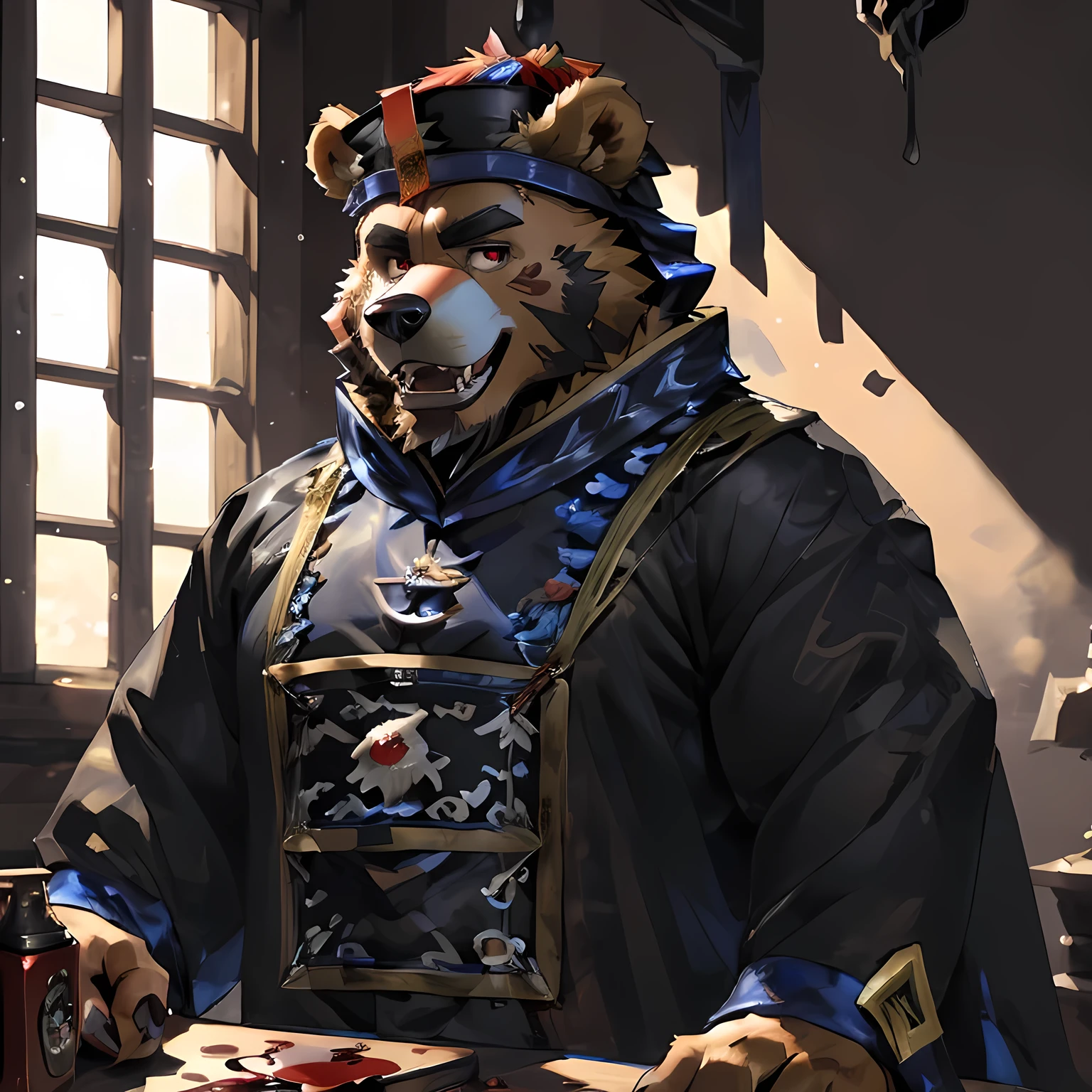 human nature, cannon, male, solitary, ((Round Face, thick beard)), ((Handsome)), (jiangshicostume:1.8), ((Brown Bear) Fluffy fur, Fluffy)，blood-red eyes, fangs, razor-sharpteeth, long fingernails, nail polish,open mouth,high quality，Bokeh, (high quality, high resolution, masterpiece), Front view (close up), cartoon,by lindong，