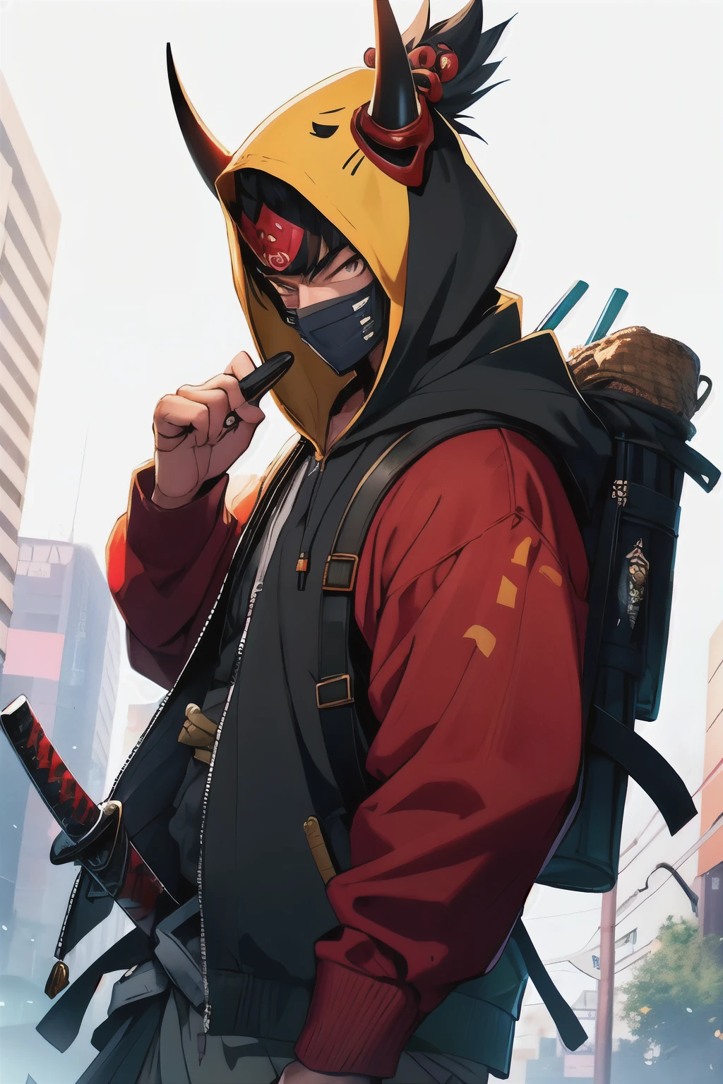 ((best quality)), ((masterpiece)), (detailed), perfect face samurai male, boy samurai, wearing mask, wearing hannya traditional mask, wearing a hoodie and a oni mask and a sword backpack half body, clean background, modern age street urban samurai,
