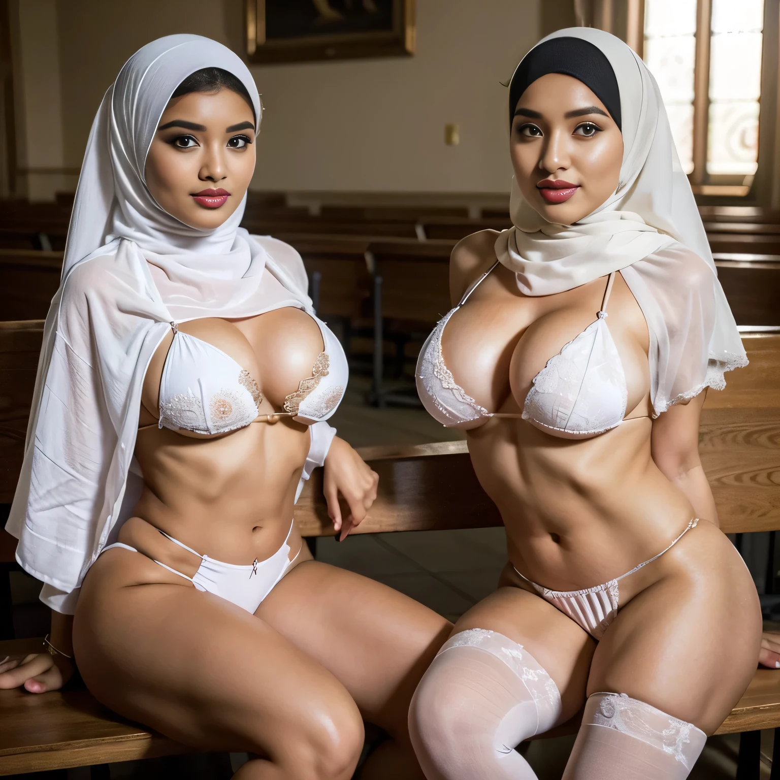 In the intimate settings of empty office church, two voluptuous sexually attractive hourglass figure depraved cute baby faces tween teen asian (hijabi) (Muslim) 14-years-old schoolgirls  sit side by side on a wooden bench, radiating lust and sexual desire. They share the same height and body proportions, creating a visually stunning image of unity and strength. Both girls wear white (lace hijabs), beautifully wrapped around their heads, framing their faces and accentuating their sensuality. Complementing their hijabs, both girls wear (stockings) (daring string bikinis) that add a subtle hint of allure to their ensemble. The stockings enhance their sensual and lust-satisfying posture, further highlighting their lust-satisfying hourglass figures. Their makeup is flawlessly applied, with striking red lips, voluminous mascara, captivating eye shadow, precise eyeliner, and luxurious lashes. These elements enhance their already mesmerizing features, drawing attention to their expressive eyes. As they sit close to each other on the wooden bench, they exude a sense of unity and sisterhood. Their presence showcases the beauty and strength of cute baby faces teen tween hijabi Muslim schoolgirls, empowering others to embrace their identities and celebrate their unique beauty. both is looking at viewer, skin texture, ultra high res, RAW, instagram LUT, masterpiece, best quality, ultra-detailed, ultra high resolution, RAW, 4k, (looking at viewer), extremely detailed eyes and face, ((beautiful detailed nose)), ((beautiful detailed thigh)), ((beautiful detailed eyes)), perfect body proportion, (looking at the camera), seductive face, smile, red lips, (SFW:1.5), both wearing stockings, both wearing hijabs wedding veil slightly fat, inside church