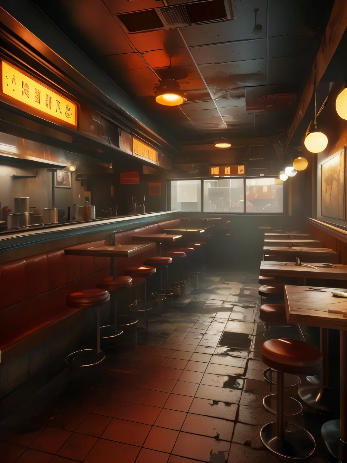 There is a picture of a restaurant with a red leather chair, an unreal engine. Vintage movie stills, realistic dark concept art, detailed textures and lights, detailed lights and textures, Akuhiko Yoshida. Unreal Engine, Realistic Concept Art, Realistic Concept Art, In Classic Restaurant, Highly Realistic Concept Art, Highly Detailed Surreal Retro, Dinner Background