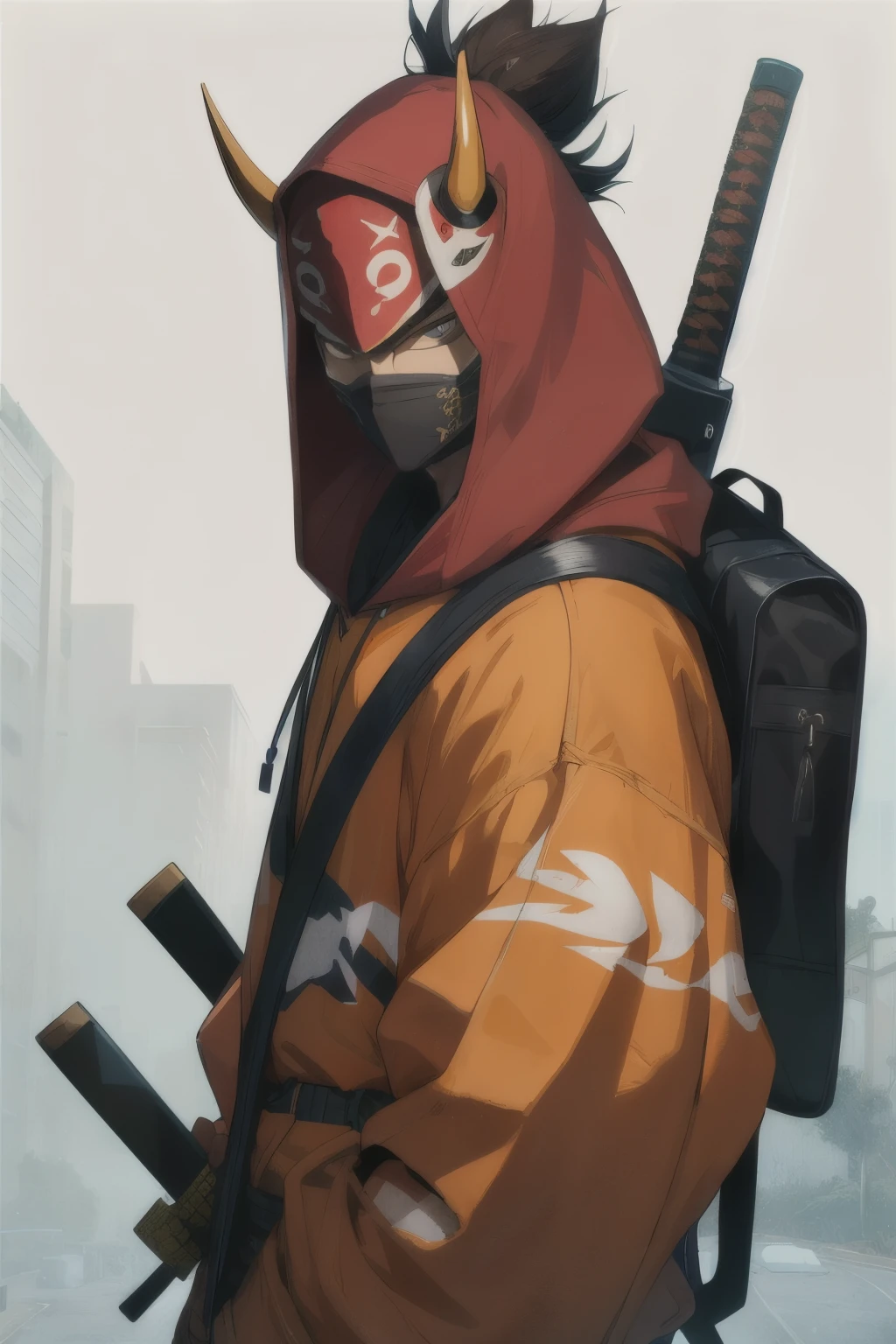 ((best quality)), ((masterpiece)), (detailed), perfect face samurai male, boy samurai, wearing mask, wearing hannya traditional mask, wearing a hoodie and a oni mask and a sword backpack half body, clean background, modern age street urban samurai,