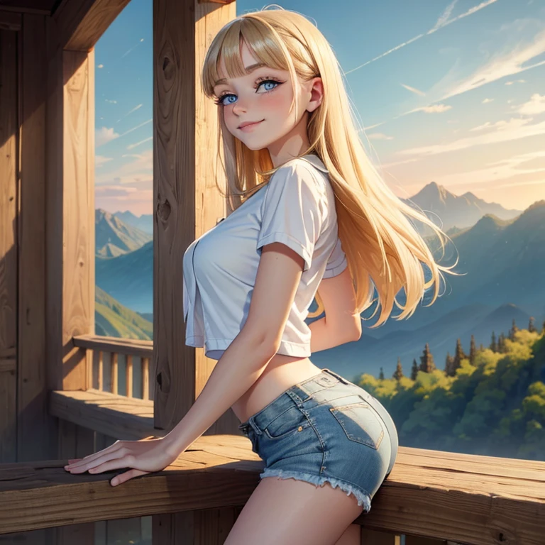 (masterpiece, best quality:1.4), (8K), Young blonde beauty, (((18 years old, neat girl))), detailed blue eyes, long eyelashes, blush, kind smile, upper body, small breats, denim short shorts, (from side), ((looking at viewer)), beautiful blonde hair, white-skinned, long hair, parted bangs, (medium size breasts), (valley, beautiful and magnificent skyline, majestic sky), colorful natural light)