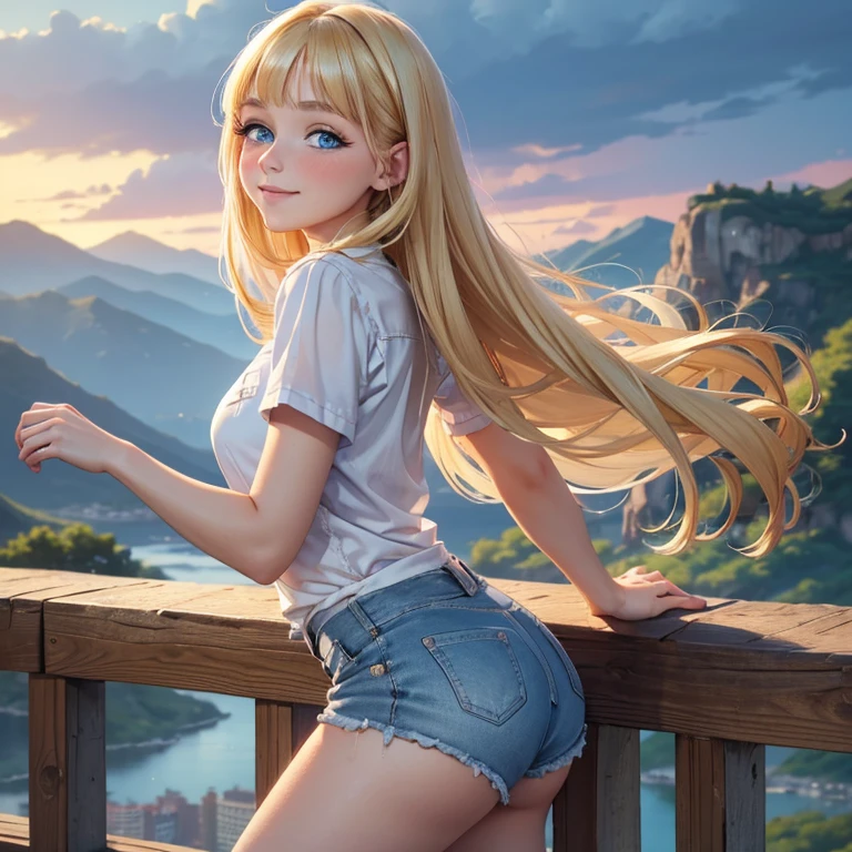 (masterpiece, best quality:1.4), (8K), Young blonde beauty, slender,  (((18 years old, neat girl))), detailed blue eyes, long eyelashes, blush, kind smile, upper body, topless small breasts, small ass, very thin legs, denim short shorts, (from side), (looking at viewer), beautiful blonde hair, white-skinned, long hair, parted bangs, (small breasts), (valley, beautiful and magnificent skyline, majestic sky), colorful natural light)