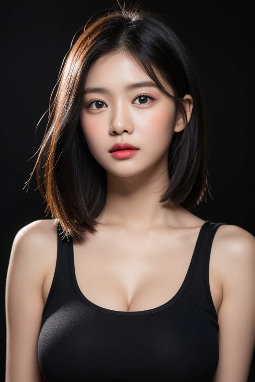 An Indonesian young girl, heart shape face, shoulder length hair, puffed big breasts, ample cleavage, skinny tight t-shirt, close up, realistic photograph, ring lighting, RAW photorealism, beautiful and alluring, 8k, UHD