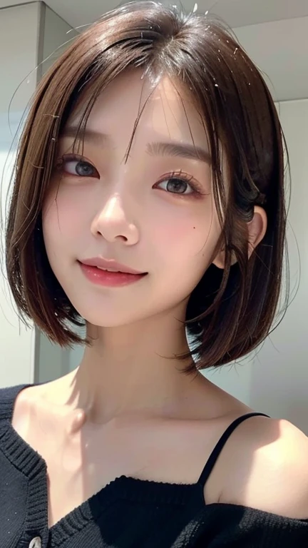 (((Close-up of face)))、(((Absolutely shoulder-length brown straight short bob)))、(((She is posing like a hair salon model, with a black wall indoors as the background.)))、(((Casual black winter long sleeve cardigan)))、Half Japanese, half Korean、18 year old girl、Standing Alone、Looking forward、Light eye makeup、Brown Hair Color、Flat and 、Hair blowing in the wind、Actress Quality、Glossy, ultra-realistic face、Smiling face、Watery eyes、Gazing Up、Subtle lighting effects、 Ultra-Realistic Capture、Very detailed、High resolution 16K close up of human skin。Skin texture must be natural、The details must be such that pores can be clearly seen、The skin is healthy、Uniform tone、Use natural light and colors、A worn-out, high-quality photo taken by a model agency's in-house photographer.、smile、(((SIGMA 300 mm F/1.4,1/1000 sec shutter,ISO 400)))