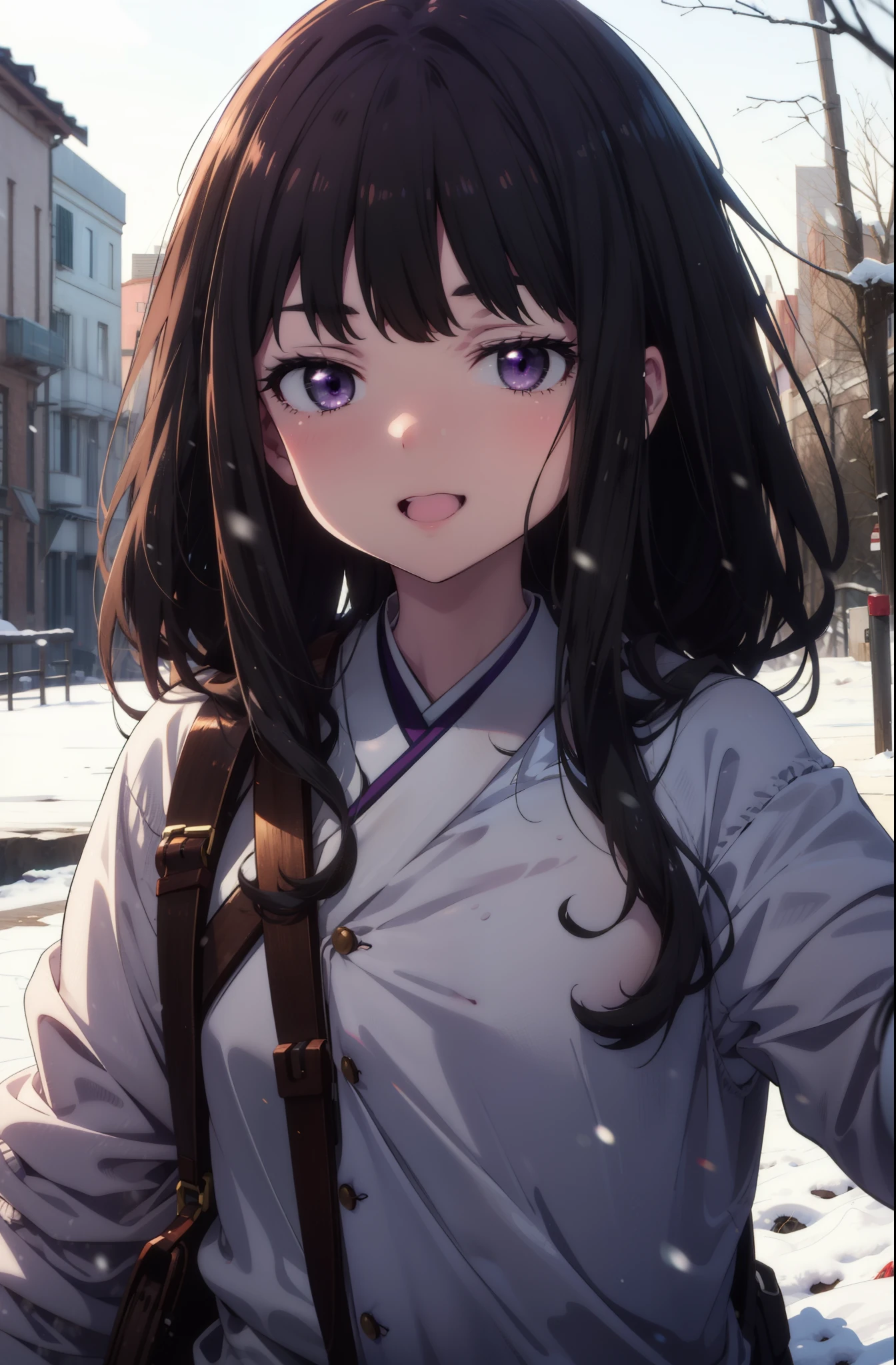 Takiuchi, Inoue Check, Long Hair, bangs, Black Hair, (Purple eyes:1.2),smile,
Open your mouth,snow,There's a fire on the ground, Outdoor, boots, snowing, From the side, wood, suitcase, Cape, Blurred, forest, nature, Squat, Cape, winter, Written boundary depth, Black shoes, blue Cape break looking at viewer, Upper Body, whole body, break Outdoor, forest, nature, break (masterpiece:1.2), highest quality, High resolution, unity 8k wallpaper, (shape:0.8), (Beautiful and beautiful eyes:1.6), Highly detailed face, Perfect lighting, Extremely detailed CG, (Perfect hands, Perfect Anatomy),