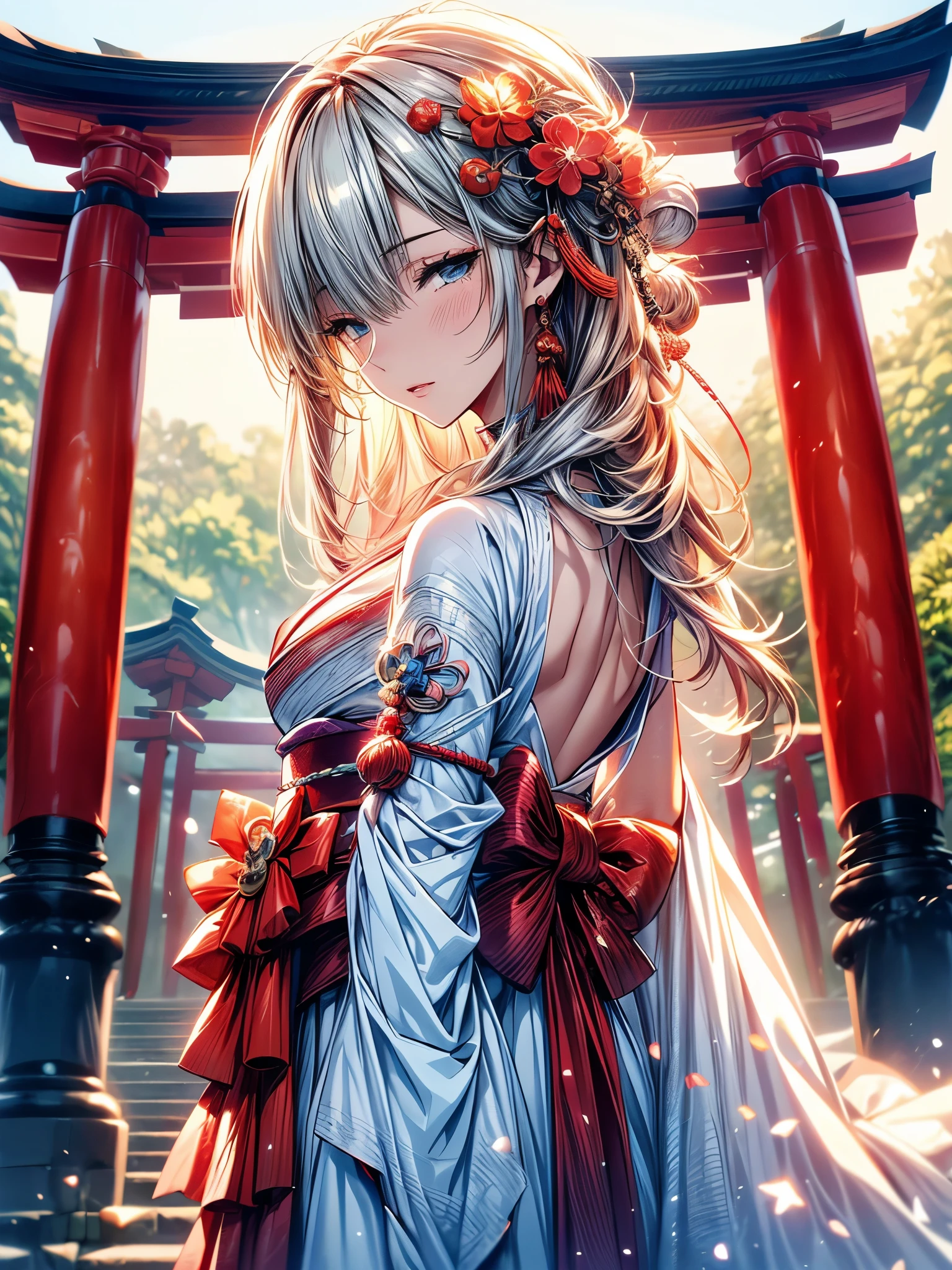 (Ultra-delicate), (Be focused), (high resolution), Deformed depth of field blurred background, (Detailed background), Perfect layer cut, (full-body shot/Cowboy shooting/side view), wallpaper, One, Lovely beauty, alone, (Light blue eyes), thin eyebrows, long upper eyelashes, Double eyelids, Upper Eye, delicate eyes, Sexy lips, lip details, Shimmer, complicated, familiar, (Shrine maiden), Talisman, Stardust, Mirror, (Sacred offering), comfortable peace, peaceful, Japan, Ise Shrine, Shrine maiden裝束, White robe and scarlet hakama, sakaki, Cane, shrine, Artistic, 8k