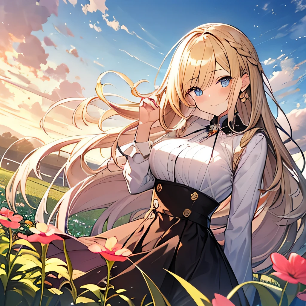 Tabletop, highest quality,figure, wallpaper, Super detailed, Absurd beauty、1 beautiful girl、 (Long Hair、Short braided hair、Blonde、Ample breasts), Very detailed beautiful eyes , Hair blowing in the wind、Keep your head small、Flower Field、great outdoors、Flower Garden Scenery、Naughty woman