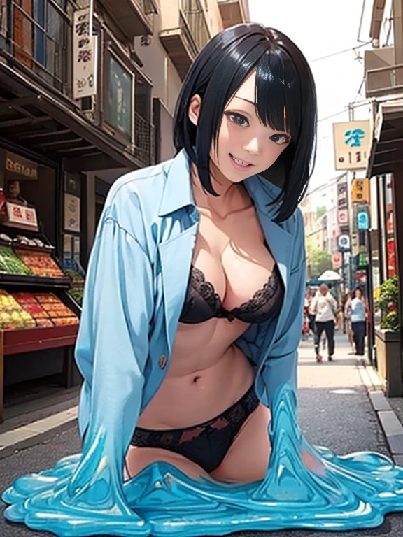 8k quality，masterpiece,best quality,(Japanese ),((beautiful girl)),cleveage,Shopping street,(Perfect body beauty:1.2),Black underwear exposed,Pantyhose，（Chest：1.4），sweater，Smile，Shopping,open your clothes,two women,Slime Shapeshifter，Get into the sewer