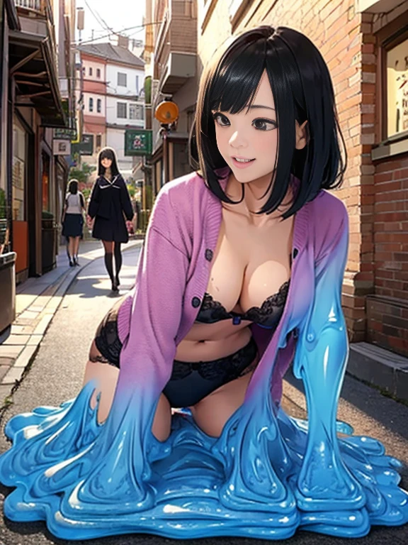 8k quality,masterpiece,best quality,(Japanese ),((beautiful girl)),cleveage,Shopping street,(Perfect body beauty:1.2),Black underwear exposed,Pantyhose,(Chest:1.4),sweater,Smile,Shopping,open your clothes,two women,Slime Shapeshifter,Get into the sewer