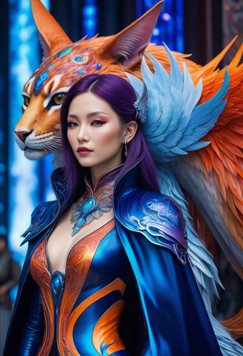 (best quality,4k,highres),(realistic,photorealistic:1.37),(Yoshitaka Amano style:1.1) A woman and her guardian familiar, mystical creature,otherworldly creature,enchanting companions,wearing stylish futuristic clothes,inspired by Phantasy Star Online, graceful pose, (The woman is the central focus, with her eyes brightly colored and her facial features elegantly detailed. Her lips are painted with a vibrant shade, adding to her allure. Dressed like a Phantasy Star Online character with a stylish futuristic coat.), (She is accompanied by a guardian familiar, a mystical creature with exquisite anatomical features. The creature's presence adds a sense of wonder and magic to the scene.), (The woman and her companion stand in a mesmerizing and bustling city. The colors are vibrant, with a mixture of blues, oranges, and pale reds creating a dreamlike atmosphere.), (The lighting is soft but illuminating, casting a gentle glow on both the woman and the creature.), (The overall composition has a realistic and photorealistic quality, capturing the essence of the scene in intricate detail.), (The art style is inspired by Yoshitaka Amano, known for his ethereal and otherworldly illustrations. The combination of realistic elements with the artist's unique style creates a captivating and visually stunning image.)