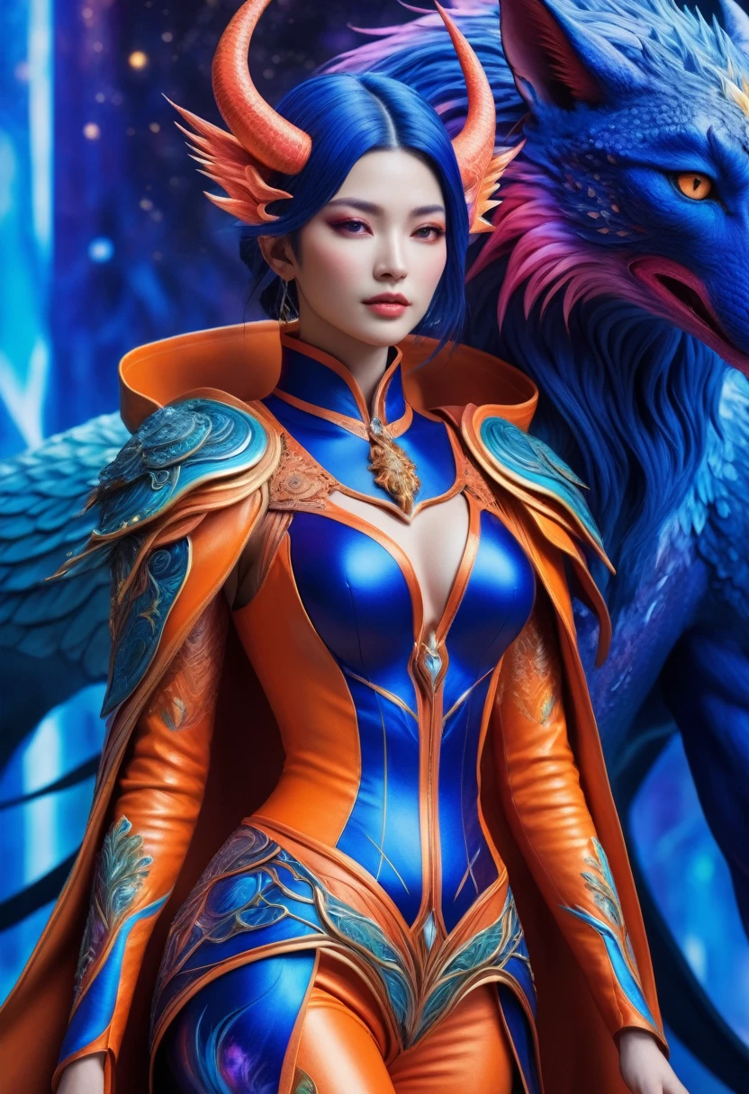 (best quality,4k,highres),(realistic,photorealistic:1.37),(Yoshitaka Amano style:1.1) A woman and her guardian familiar, mystical creature,otherworldly creature,enchanting companions,wearing stylish futuristic clothes,inspired by Phantasy Star Online, graceful pose, (The woman is the central focus, with her eyes brightly colored and her facial features elegantly detailed. Her lips are painted with a vibrant shade, adding to her allure. Dressed like a Phantasy Star Online character with a stylish futuristic coat.), (She is accompanied by a guardian familiar, a mystical creature with exquisite anatomical features. The creature's presence adds a sense of wonder and magic to the scene.), (The woman and her companion stand in a mesmerizing and bustling city. The colors are vibrant, with a mixture of blues, oranges, and pale reds creating a dreamlike atmosphere.), (The lighting is soft but illuminating, casting a gentle glow on both the woman and the creature.), (The overall composition has a realistic and photorealistic quality, capturing the essence of the scene in intricate detail.), (The art style is inspired by Yoshitaka Amano, known for his ethereal and otherworldly illustrations. The combination of realistic elements with the artist's unique style creates a captivating and visually stunning image.)