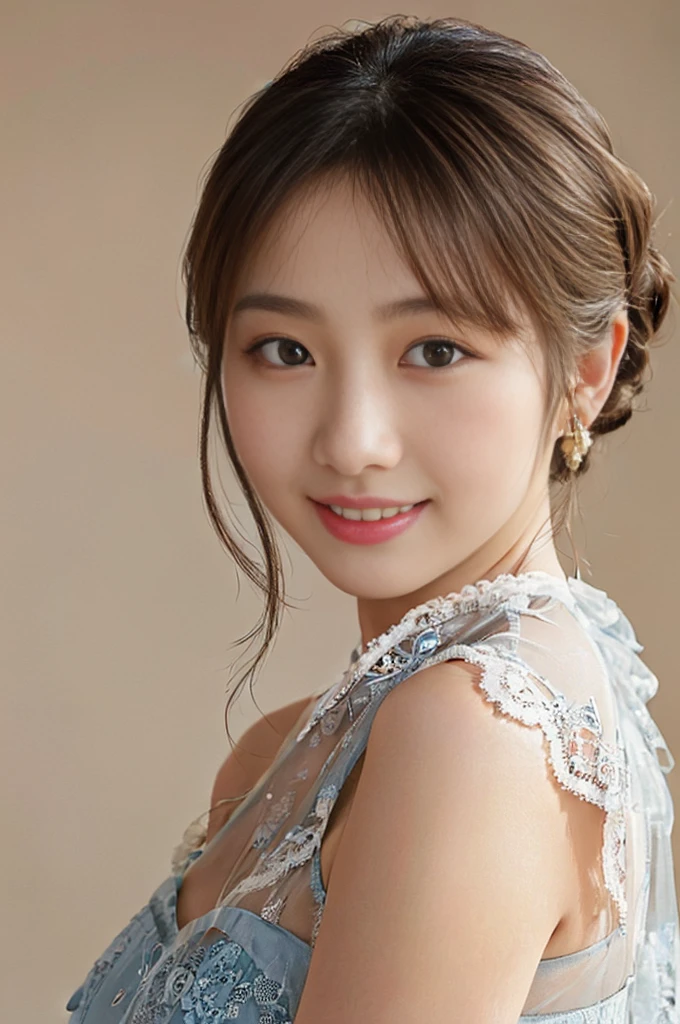(photorealistic:1.5), [NSFW:1.1], A mesmerizing close-up of an alluring Japanese girl, featuring intricate and lifelike facial details, particularly her enchanting [symmetrical clear ultra beautiful eyes:1.5] and exquisite lips. (Her face is ultra cute and idol-like:1.5).She wears natural makeup.The girl's expression radiates a natural and youthful charm, emphasized by her long and voluptuous eyelashes. She is ladylike. Adorning her face is a fashionable, Short ponytail hairstyle that shimmers with a gentle sheen. Her flawless complexion resembles delicate porcelain, exuding an aura of graceful perfection. The symmetry and refinement of her facial structure accentuate her inherent beauty.

An illuminating big smile graces her countenance, capturing her cheerful and optimistic spirit. Her body possesses ideal proportions, boasting an ultra-slim and graceful waistline. Delicately slender hands and feet further highlight her elegance. (She is wearing a simple and cool transparent lace camisole:1.2).

The portrait is rendered in a photorealistic style, capturing every detail and evoking a sense of realism. The colors used are vibrant and lifelike, breathing life into the image. Soft and warm lighting envelops the scene, casting a gentle glow on the girl's captivating features. Every detail, from the intricate highlights to the subtle shadows, has been meticulously crafted to enhance the overall realism of the portrait. The level of detail is astonishing, allowing viewers to appreciate the fine nuances and textures of the subject.