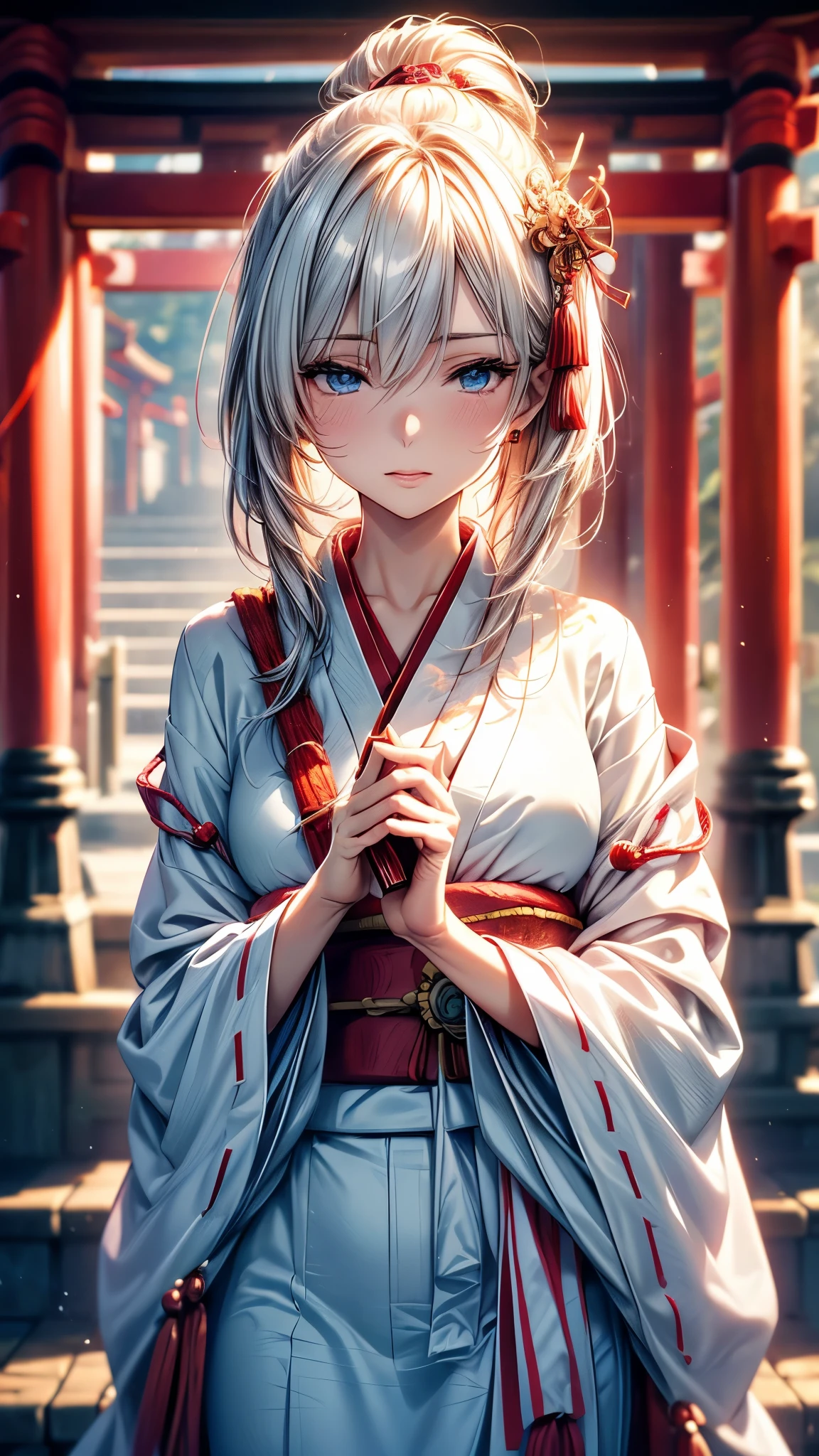 (Ultra-delicate), (Be focused), (high resolution), Deformed depth of field blurred background, (Detailed background), Perfect layer cut, (full-body shot/Cowboy shooting), wallpaper, One, Lovely beauty, alone, (Light blue eyes), thin eyebrows, long upper eyelashes, Double eyelids, Upper Eye, delicate eyes, Sexy lips, lip details, Shimmer, complicated, familiar, (Shrine maiden), Talisman, Stardust, Mirror, Sacred offering, (Stem), comfortable peace, peaceful, Japan, Ise Shrine, Shrine maiden裝束, White robe and scarlet hakama, sakaki, Cane, shrine, Artistic, 8k