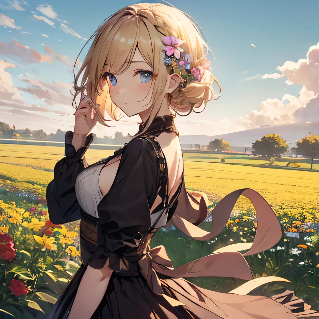 Tabletop, highest quality,figure, wallpaper, Super detailed, Absurd beauty、1 beautiful girl、 (Middle Hair、Short braided hair), Very detailed beautiful eyes , Hair blowing in the wind、Keep your head small、Flower Field、great outdoors、Flower Garden Scenery、Blonde、Ample breasts