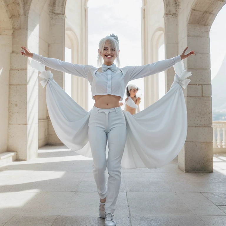 Beautiful people, Strong physique, White Social Shirt, Long black pants, White social shoes, White hair in ponytail, Silver Eyes, Slender appearance, elegant, Open your arms, Light blue bow tie, A smile, Castle scenery, walk.