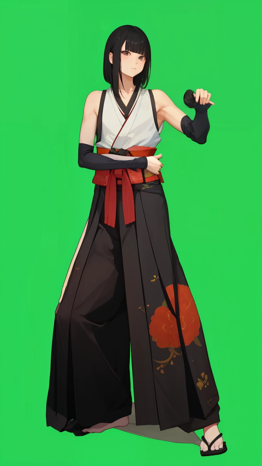 Thin arms、woman、No sleeve、arm out、V-neck、Black Hair、kimono、Hakama、Black Hair、straight、blunt bangs