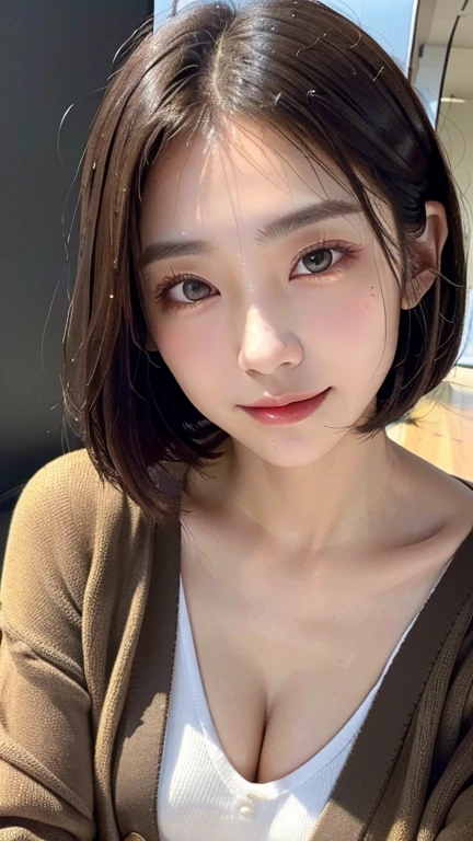 (((Close-up of face)))、(((Absolutely shoulder-length brown straight short bob)))、(((She is posing like a hair salon model, with a black wall indoors as the background.)))、(((Casual black winter long sleeve cardigan)))、Half Japanese, half Korean、18 year old girl、Standing Alone、Looking forward、Light eye makeup、Brown Hair Color、Flat and 、Hair blowing in the wind、Actress Quality、Glossy, ultra-realistic face、Smiling face、Watery eyes、Gazing Up、Subtle lighting effects、 Ultra-Realistic Capture、Very detailed、High resolution 16K close up of human skin。Skin texture must be natural、The details must be such that pores can be clearly seen、The skin is healthy、Uniform tone、Use natural light and colors、A worn-out, high-quality photo taken by a model agency's in-house photographer.、smile、(((SIGMA 300 mm F/1.4,1/1000 sec shutter,ISO 400)))