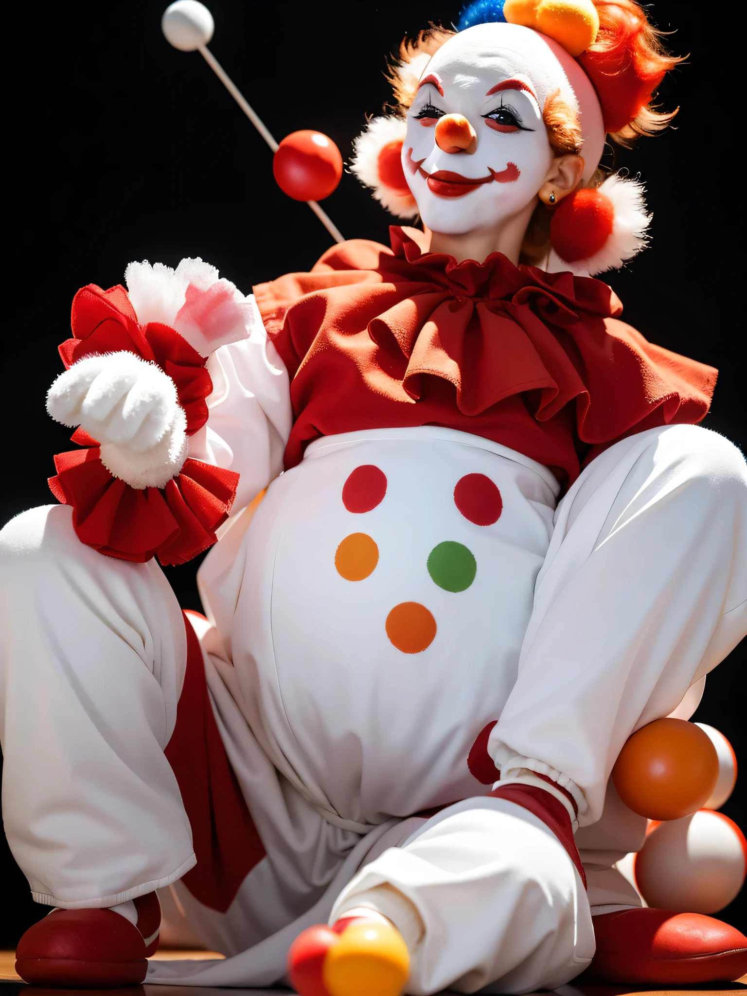 Clean background, picture proportion coordination, (white face clown :1.5), wearing a colorful knitted texture hat, highly detailed hat, full-body shot, realistic style, (face thickly painted white), red mouth, (nose wearing red sponge ball), movie light effect, funny action, (Happy clown), looking at the audience, white gloves, holding a black magic wand, Clown costume, red big head plush shoes, highest quality, master art, masterpiece, (with very high artistic viewing), 4K quality,