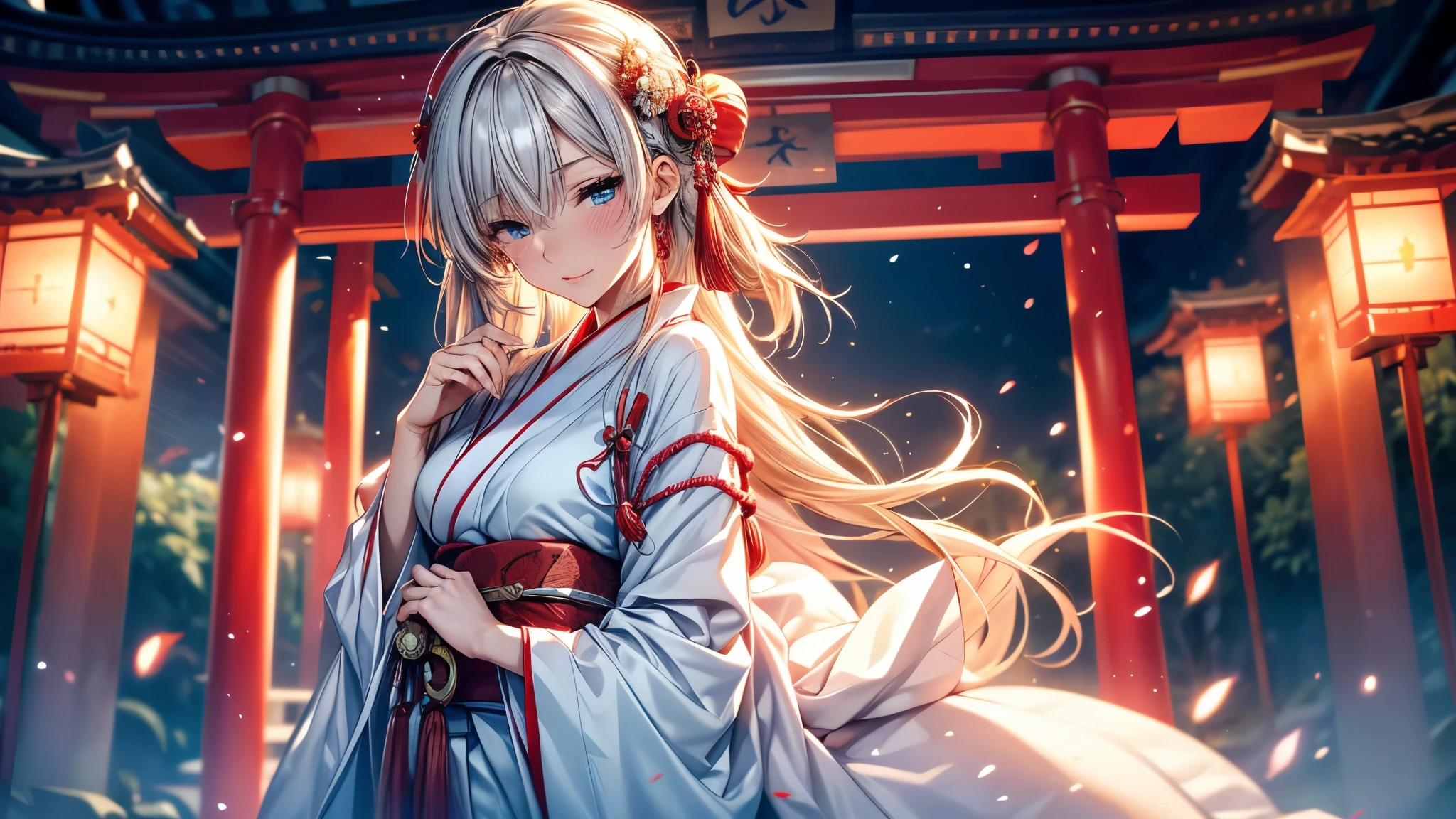 (Ultra-delicate), (Be focused), (high resolution), Deformed depth of field blurred background, (Detailed background), Perfect layer cut, (full-body shot/Cowboy shooting), wallpaper, One, Lovely beauty, alone, (Light blue eyes), thin eyebrows, long upper eyelashes, Double eyelids, Upper Eye, delicate eyes, Sexy lips, lip details, Shimmer, complicated, familiar, (Shrine maiden), Talisman, Stardust, Mirror, Sacred offering, (Stem), comfortable peace, peaceful, Japan, Ise Shrine, Shrine maiden裝束, White robe and scarlet hakama, sakaki, Cane, Artistic, 8k