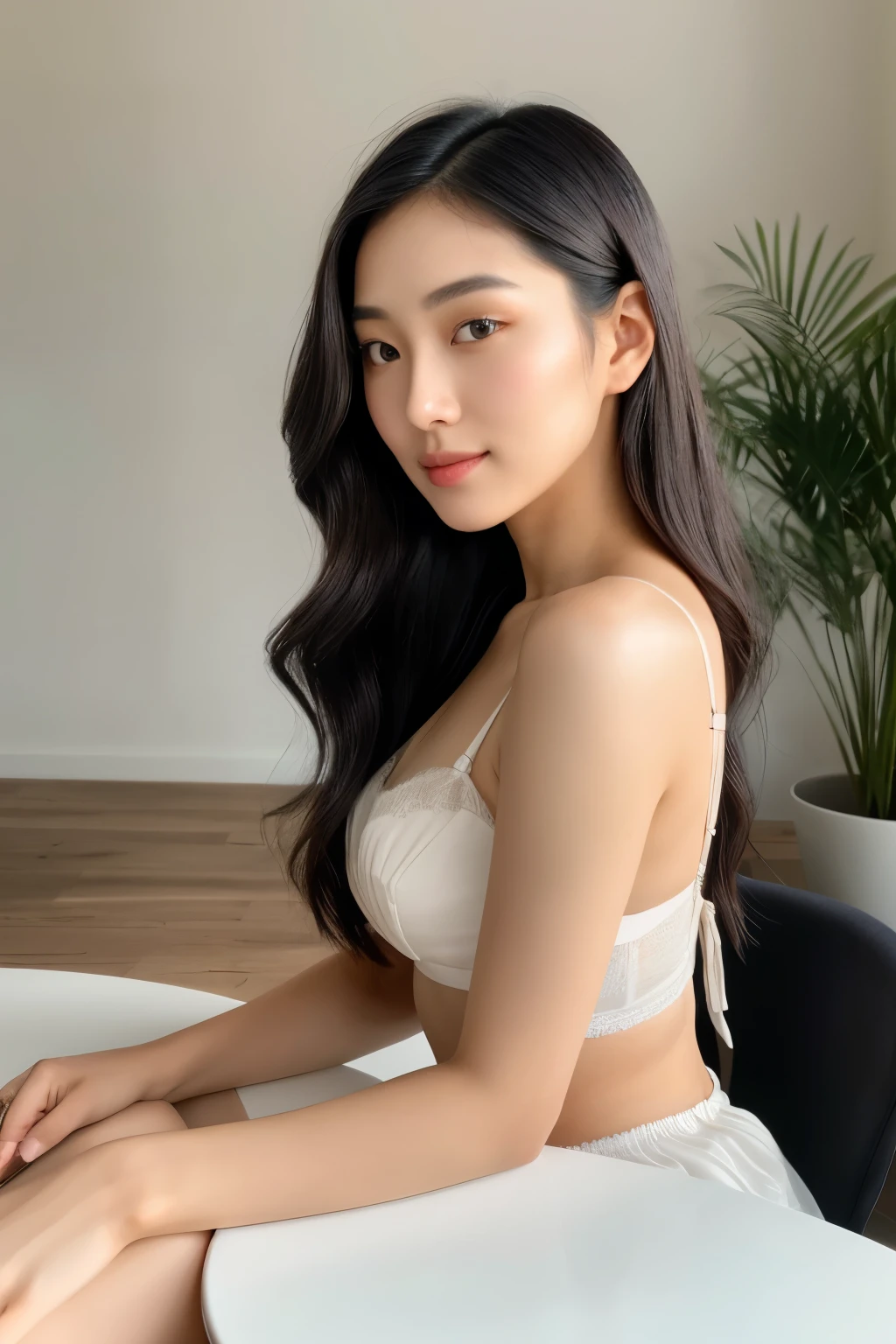 A stunningly beautiful Asian woman in her early twenties, clad in a simple yet elegant white bra top, sits serenely at a white table. The table, made of smooth and polished wood, glows under the soft, warm light of the room. Her dark, raven-black hair cascades down her back in long, silky waves, framing her elegant features. Her almond-shaped, dark eyes sparkle with an inner radiance, reflecting her calm and composed demeanor. Her delicate, porcelain-like skin is free of blemishes, revealing the subtle texture and pores that add to her natural beauty. The table setting is minimalistic, adding to the aesthet