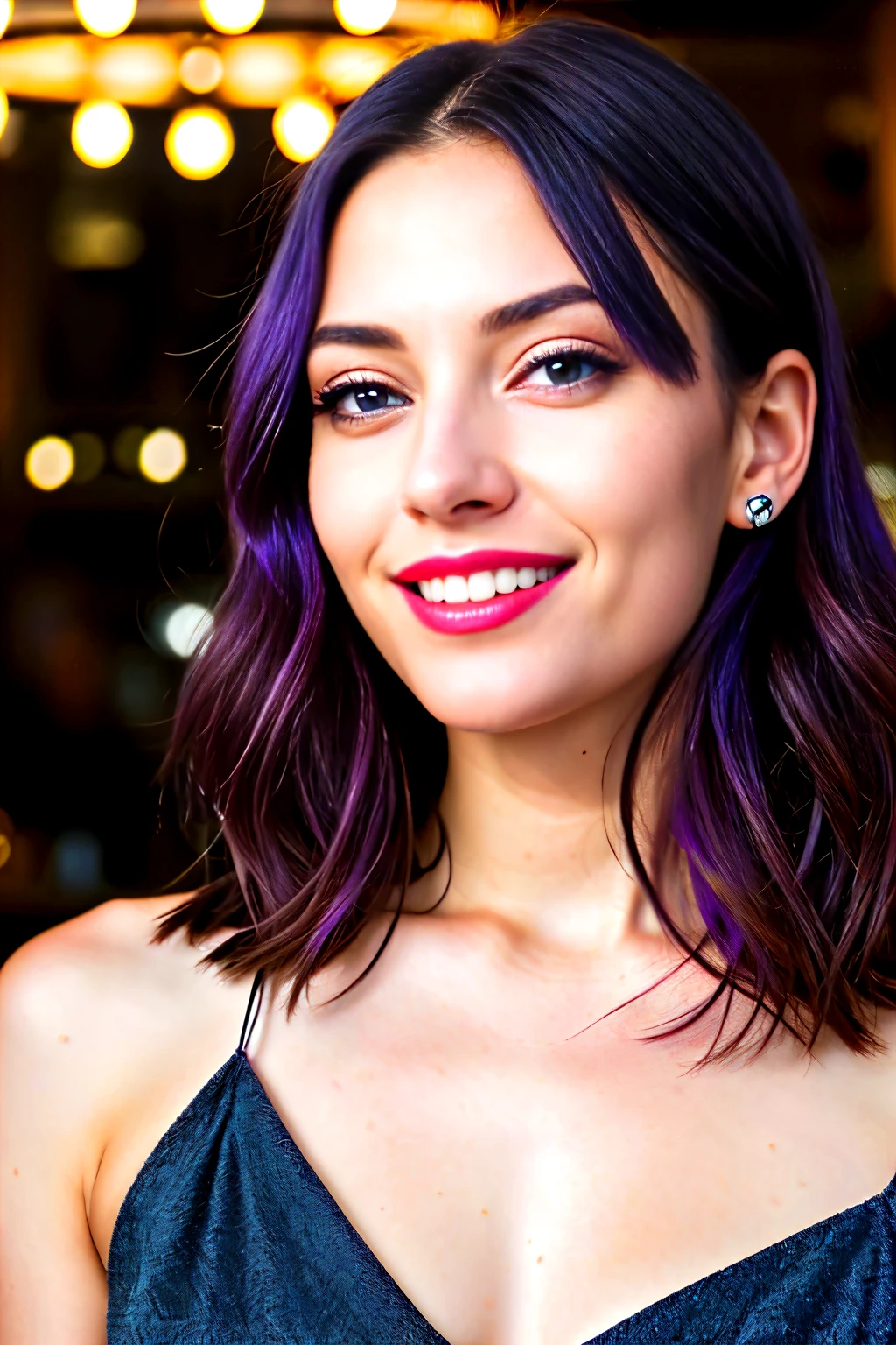 A portrait photo of a beautiful influencer woman, with captivating purple hair, mesmerizing blue eyes, bold red lips, and a charming, irresistible smile, in the cozy ambiance of a modern coffe shop, human details, 8k resolution, realistically rendered - every detail meticulously captured,intricate high details, sharp focus, detailed complexion, authentic skin texture, profoundly textured eyes,professionally executed, maximally detailed, ultrarealistic, photorealistic rendering, photography.

In this 8k ultra-high definition photograph, the enchanting influencer captures the eye and transports the viewer into the charming, intimate setting of