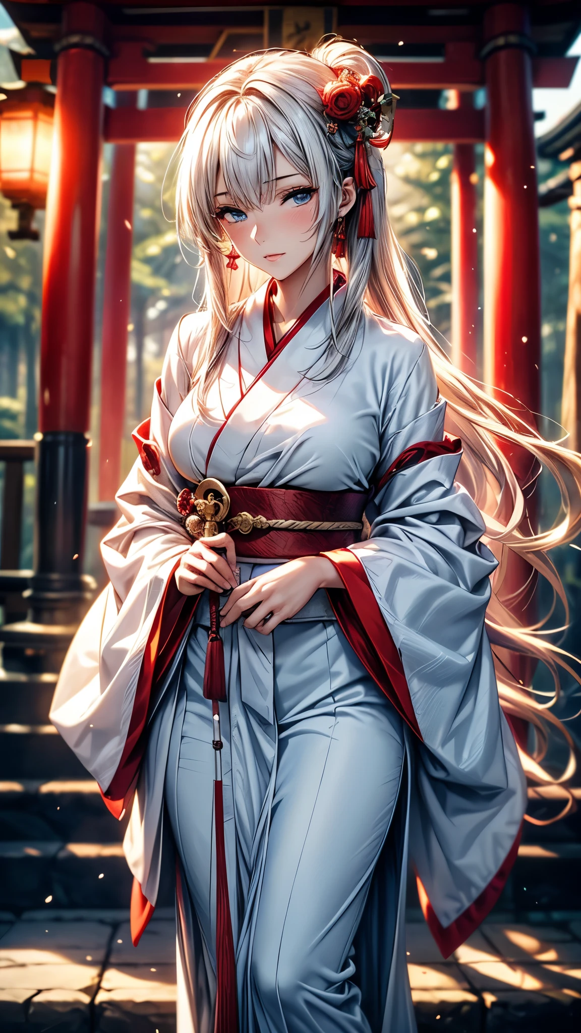 (Ultra-delicate), (Be focused), (high resolution), Deformed depth of field blurred background, (Detailed background), Perfect layer cut, (full-body shot/Cowboy shooting), wallpaper, One, Lovely beauty, alone, (Light blue eyes), thin eyebrows, long upper eyelashes, Double eyelids, Upper Eye, delicate eyes, Sexy lips, lip details, Shimmer, complicated, familiar, (Shrine maiden), Talisman, Stardust, Mirror, Sacred offering, (Stem), comfortable peace, peaceful, Japan, Ise Shrine, Shrine maiden裝束, White robe and scarlet hakama, sakaki, Cane, Artistic, 8k