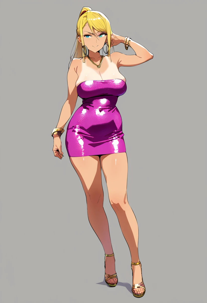 score_9,score_8_up,score_7_up,score_6_up, takeda hiromitsu style,1girl, sole_female, tanned, tanlines, pink bodycon dress, blue bodycon dress, sequins, strapless_dress, confident_pose, standing, intricate_face, intricate_eyes, smile, saggy_breasts, slender_waist, curvy_hips, high_heels, gold_bracelets, chain_necklace, hoop_earrings, dynamic_pose, sexy_face, sultry, curvy, skindentation, skin_tight, short_dress milf, mature_female, thick_hips,  Samus_Aran