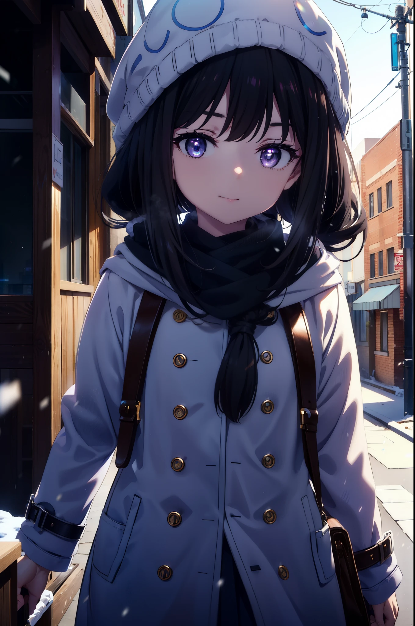Takiuchi, Inoue Check, Long Hair, bangs, Black Hair, (Purple eyes:1.2),happy smile, smile, Open your mouth,White knit hat,White oversized coat,Blue Scarf,White Sweater,Put your hands in your coat pockets,Long skirt,Black Pantyhose,short boots,Shirogane World,Snow is piling up,Snow is falling,it's snowing,winter,Cold Sky,morning,morning陽,The sun is rising,
break looking at viewer, whole body, Upper Body,(Cowboy Shot:1. 5)
break outdoors, c that,Building Street,
break (masterpiece:1.2), highest qualそれy, High resolution, unそれy 8k wallpaper, (shape:0.8), (Beautiful and beautiful eyes:1.6), Highly detailed face, Perfect lighting, Highly detailed CG, (Perfect hands, Perfect Anatomy),