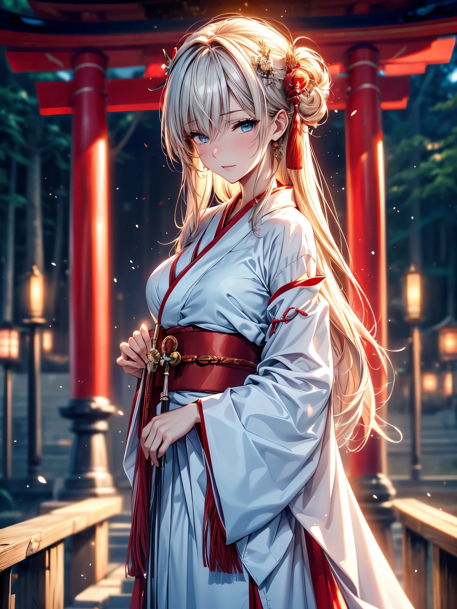 (Ultra-delicate), (Be focused), (high resolution), Deformed depth of field blurred background, (Detailed background), Perfect layer cut, (full-body shot/Cowboy shooting), wallpaper, One, Lovely beauty, alone, (Light blue eyes), thin eyebrows, long upper eyelashes, Double eyelids, Upper Eye, delicate eyes, Sexy lips, lip details, Shimmer, complicated, familiar, (Shrine maiden), Talisman, Stardust, Mirror, Sacred offering, (Stem), comfortable peace, peaceful, Japan, Ise Shrine, Shrine maiden裝束, White robe and scarlet hakama, sakaki, Cane, Artistic, 8k