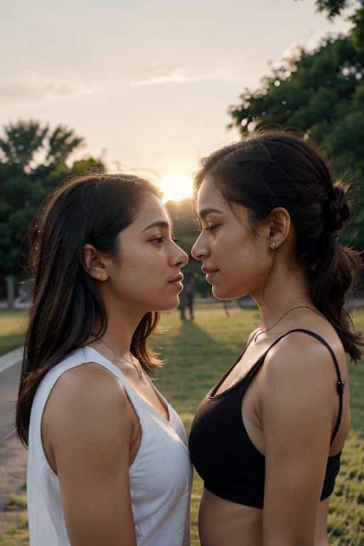 have two people talking to each other while the sun raises they are both Hispanic females 