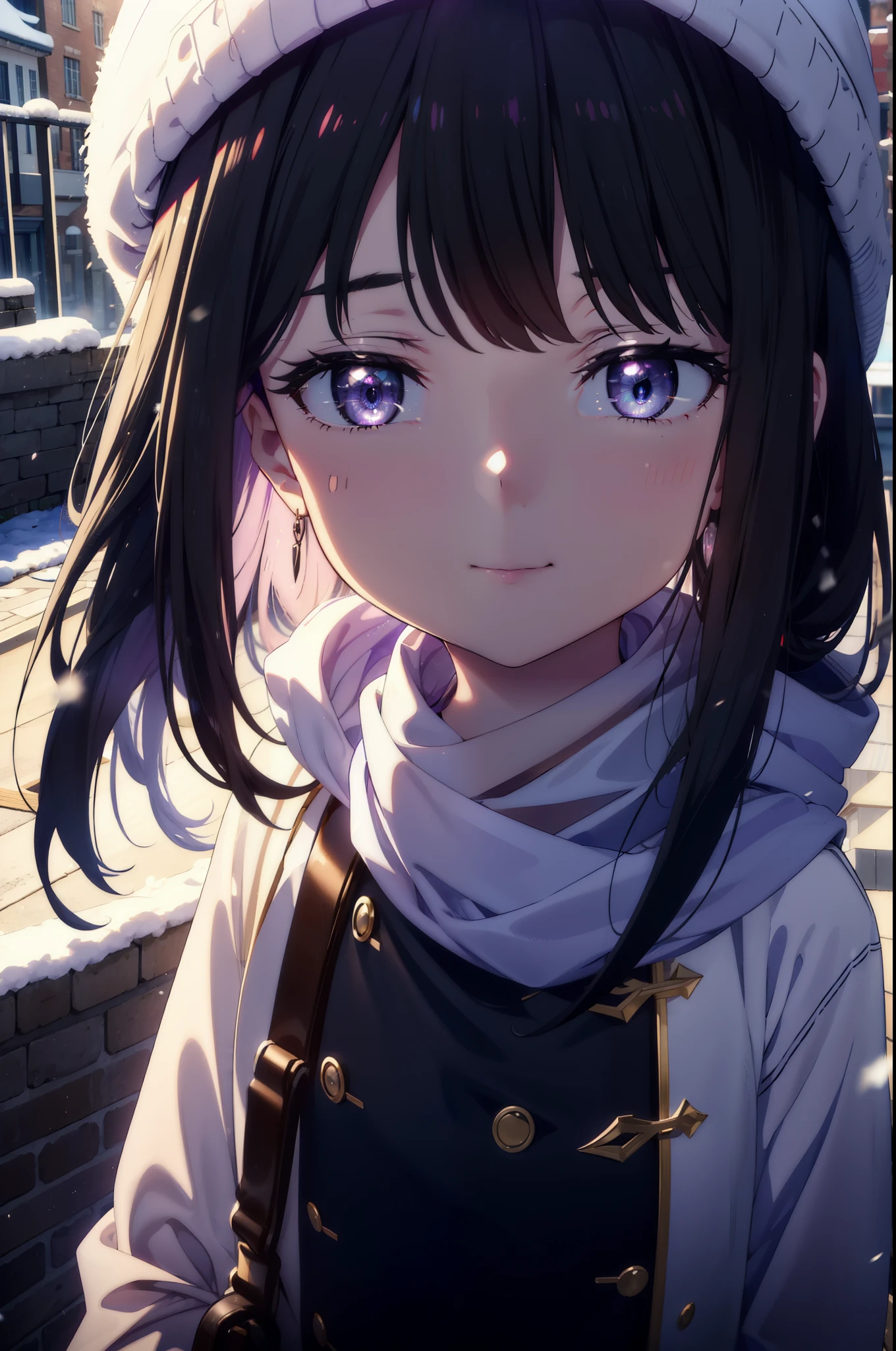 Takiuchi, Inoue Check, Long Hair, bangs, Black Hair, (Purple eyes:1.2),happy smile, smile, Open your mouth,White knit hat,White oversized coat,Blue Scarf,White Sweater,Put your hands in your coat pockets,Long skirt,Black Pantyhose,short boots,Shirogane World,Snow is piling up,Snow is falling,it&#39;s snowing,winter,Cold Sky,morning,morning陽,The sun is rising,
break looking at viewer, whole body, Upper Body,(Cowboy Shot:1. 5)
break outdoors, c that,Building Street,
break (masterpiece:1.2), highest qualそれy, High resolution, unそれy 8k wallpaper, (shape:0.8), (Beautiful and beautiful eyes:1.6), Highly detailed face, Perfect lighting, Highly detailed CG, (Perfect hands, Perfect Anatomy),