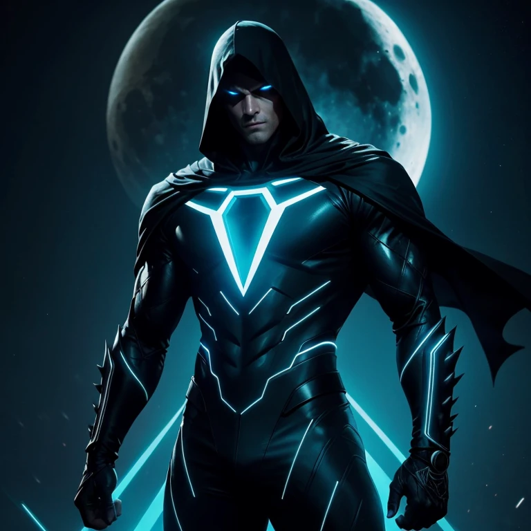 Moon Knight, an intriguing figure cloaked in mystery, emerges from the shadows in a Tron-inspired outfit. His sculpted physique glows under the neon lights, reflecting his inner strength and determination. With a chiseled jawline and piercing blue eyes, Moon Knight exudes a captivating aura. His hair, a dark contrast against the bright background, is styled in a sleek, spiky fashion. His body is adorned with intricate circuit patterns, emphasizing his technological prowess.
Standing amidst a large, open Tron-like grid, Moon Knight's figure is bathed in the ethereal glow of the neon lights