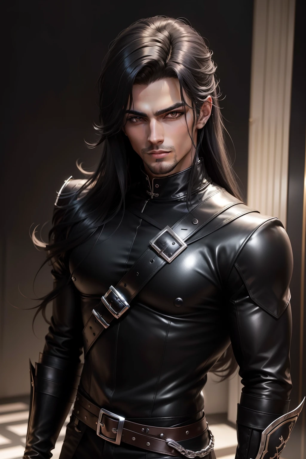 Cabelo preto ligeiramente mais longo Young handsome prince with dark eyes Metallic Black Special Forces Exterior olhos gentis Handsome prince with a gentle smile Equipado com uma espada na cintura Wear black leather gloves on your hands ruins Estilo Gwaitz realista Precision details motor irreal